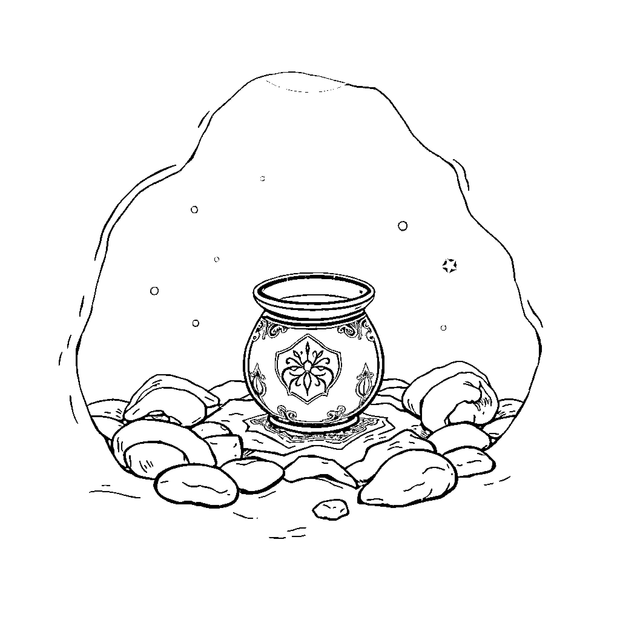 Vessel amidst serene rock formation Coloring Page (free black-and-white line drawing printable PDF for all, from beginners to advanced learners, including children, teens, adults, and seniors)