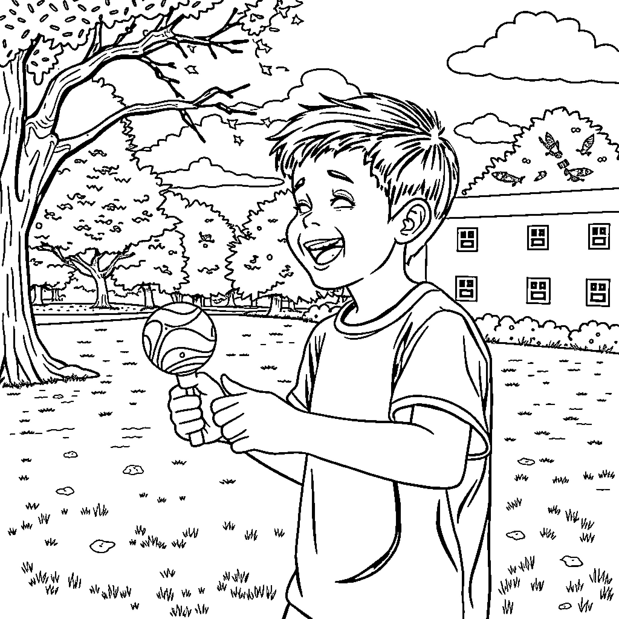 Kendama in the Park: Boy Enjoys Playtime Coloring Page (free black-and-white line drawing printable PDF for all, from beginners to advanced learners, including children, teens, adults, and seniors)