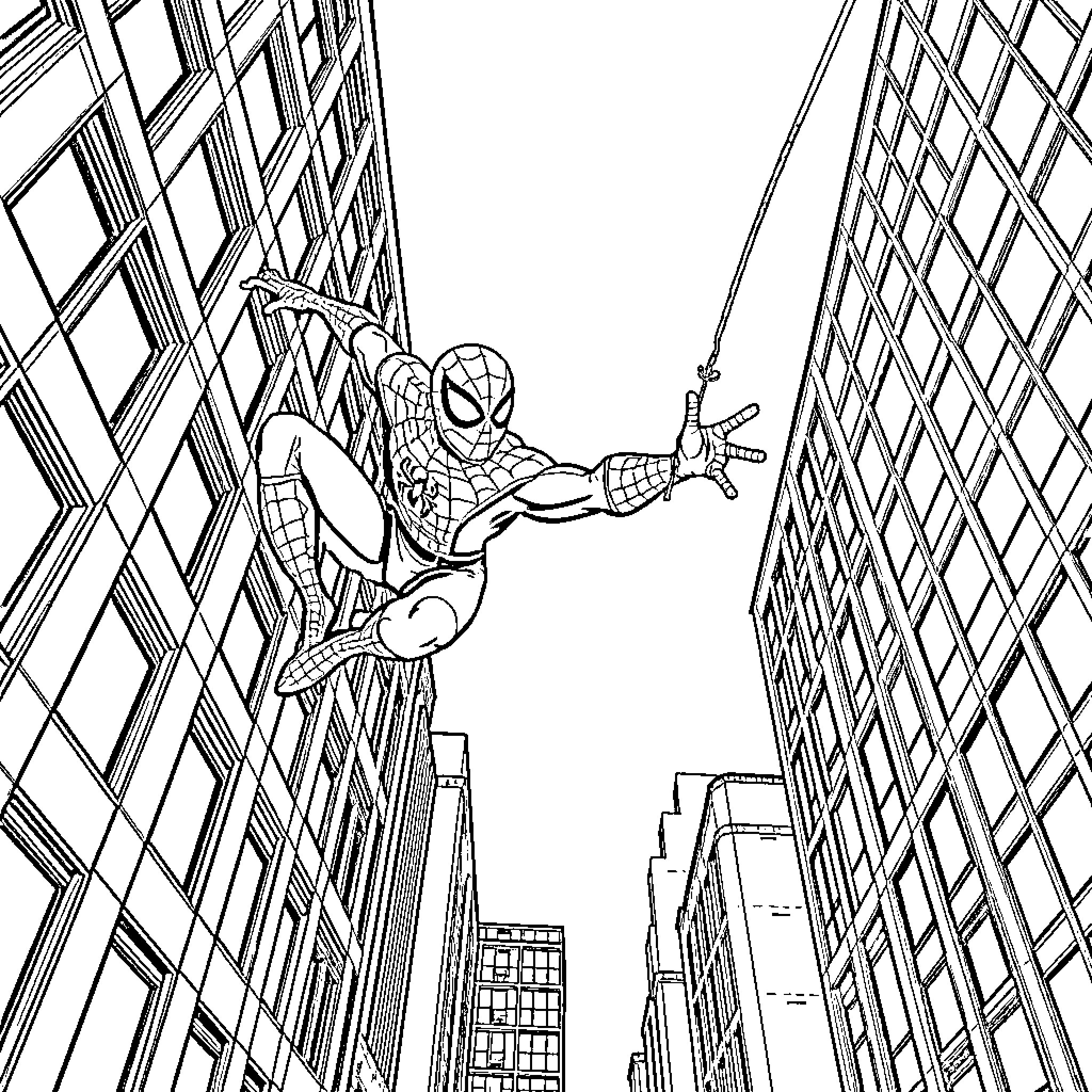 Spiderman swinging through the city skyline Coloring Page (free black-and-white line drawing printable PDF for all, from beginners to advanced learners, including children, teens, adults, and seniors)