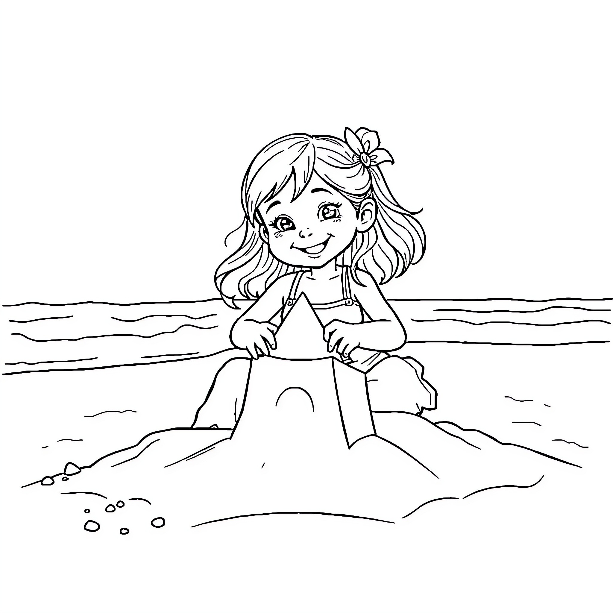 Girl building a sandcastle by the beach Coloring Page (free black-and-white line drawing printable PDF for all, from beginners to advanced learners, including children, teens, adults, and seniors)