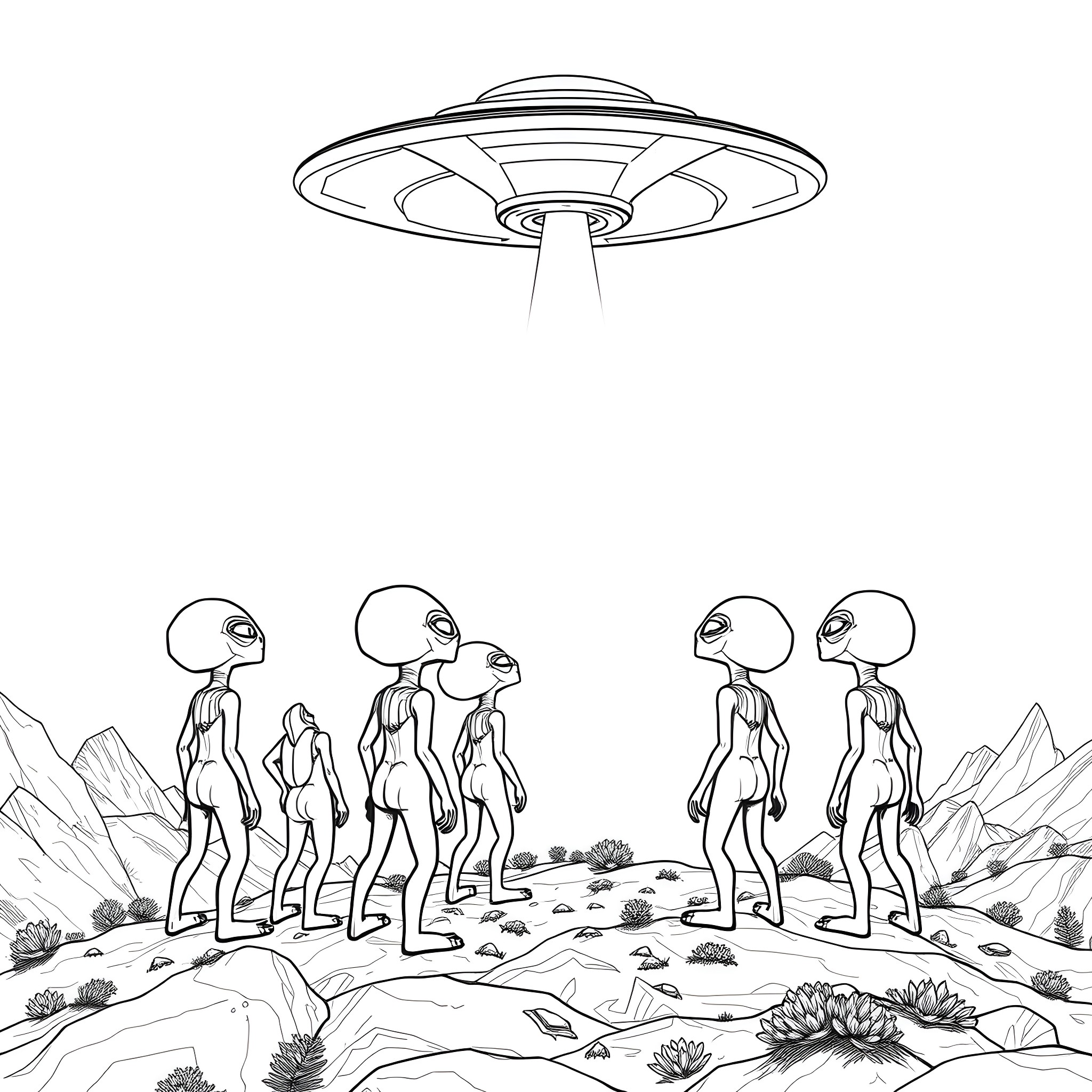Alien beings observing their surroundings Coloring Page (free black-and-white line drawing printable PDF for all, from beginners to advanced learners, including children, teens, adults, and seniors)