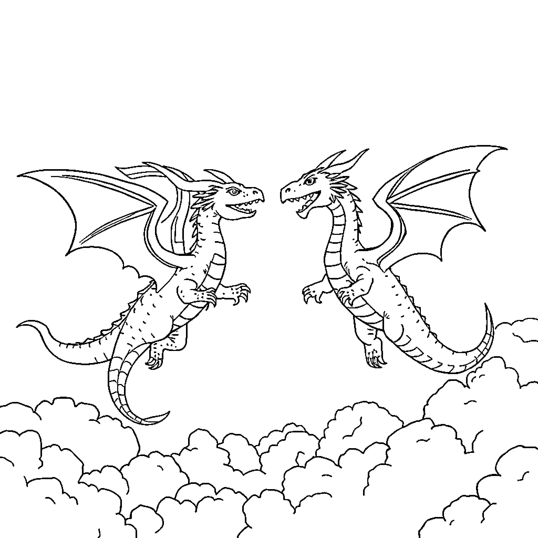 Dragons battling in the cloudy sky Coloring Page (free black-and-white line drawing printable PDF for all, from beginners to advanced learners, including children, teens, adults, and seniors)