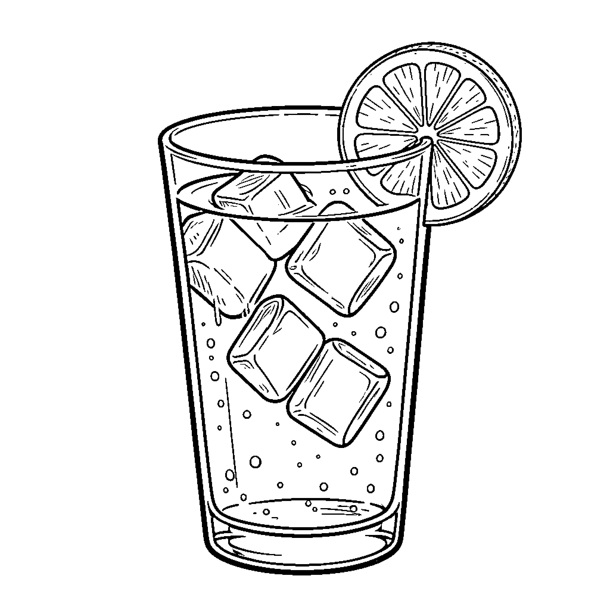 Lemonade served in a tall glass with ice Coloring Page (free black-and-white line drawing printable PDF for all, from beginners to advanced learners, including children, teens, adults, and seniors)