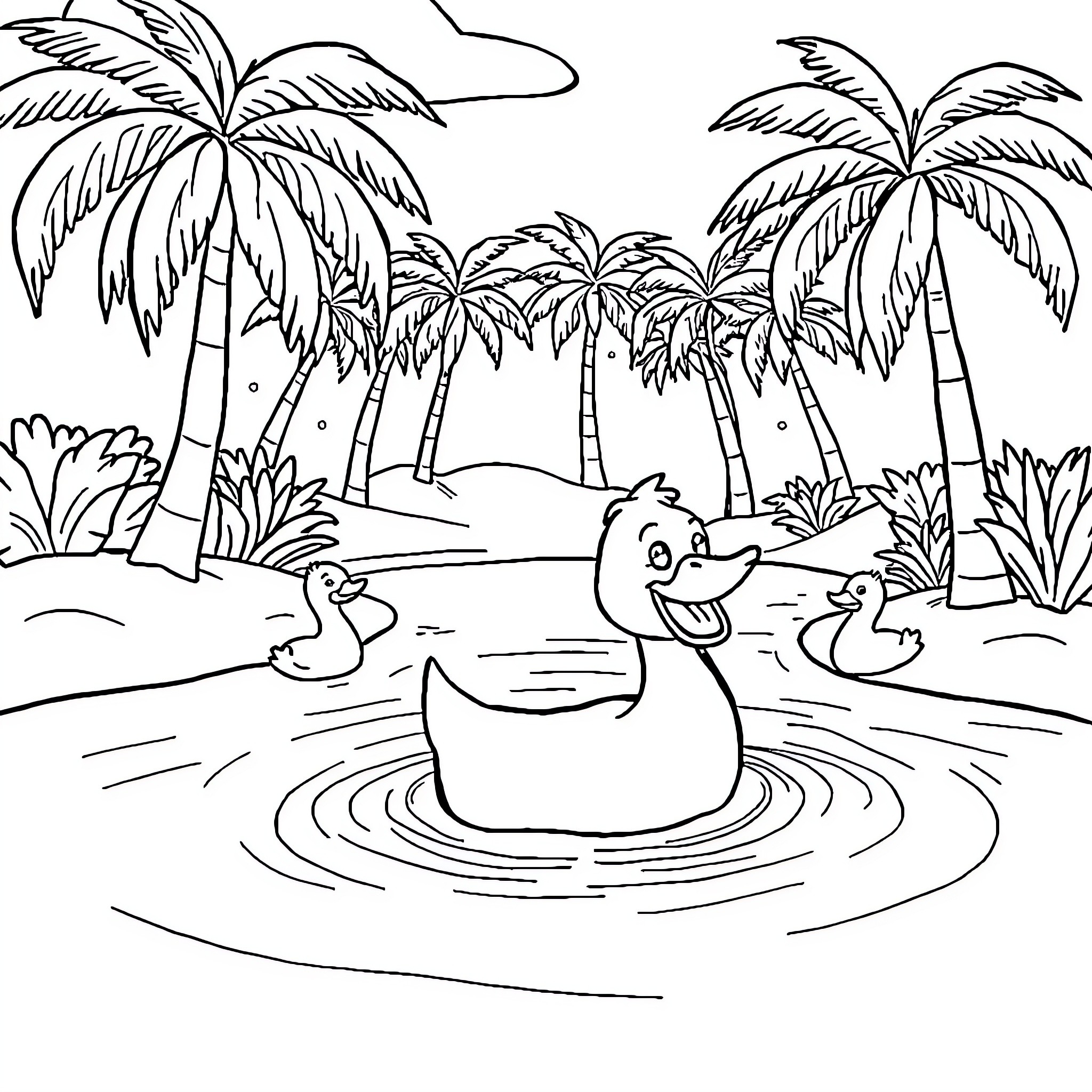 Duck frolicking in tropical paradise Coloring Page (free black-and-white line drawing printable PDF for all, from beginners to advanced learners, including children, teens, adults, and seniors)