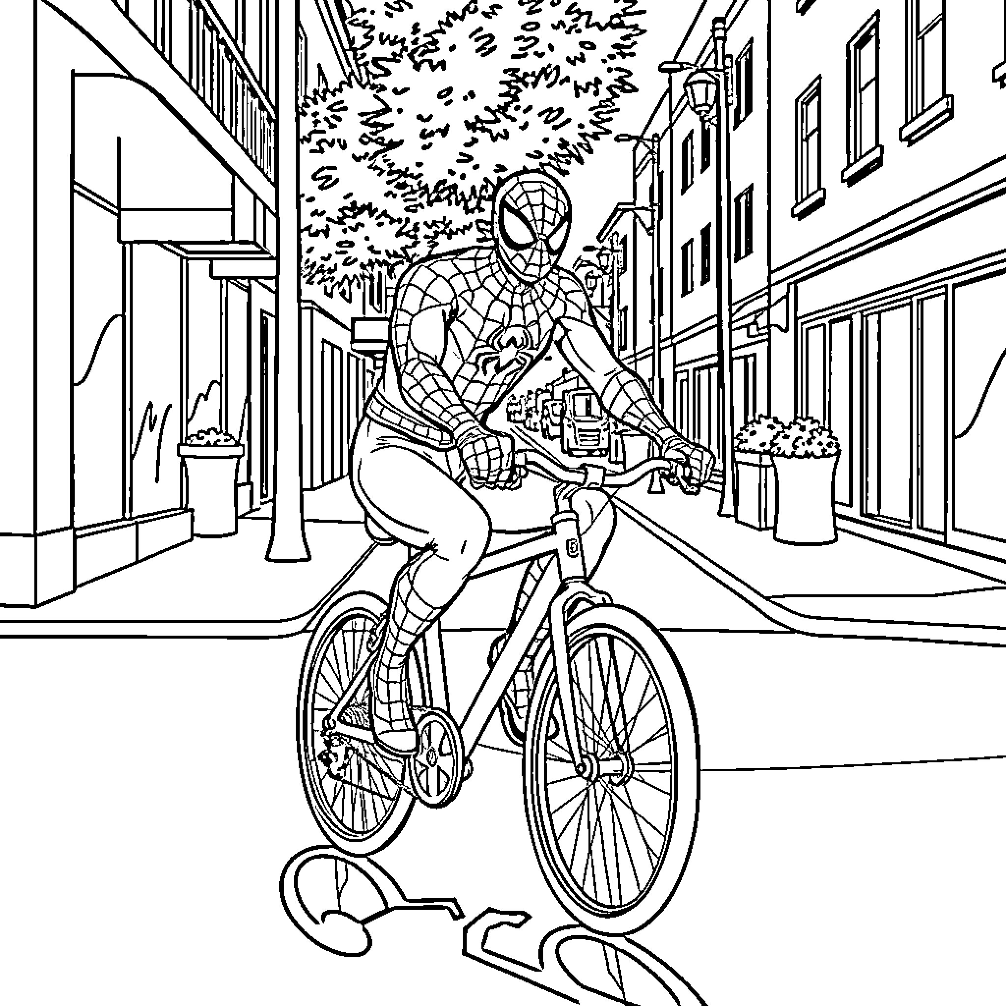 Spidey cruising through the city on a bicycle Coloring Page (free black-and-white line drawing printable PDF for all, from beginners to advanced learners, including children, teens, adults, and seniors)