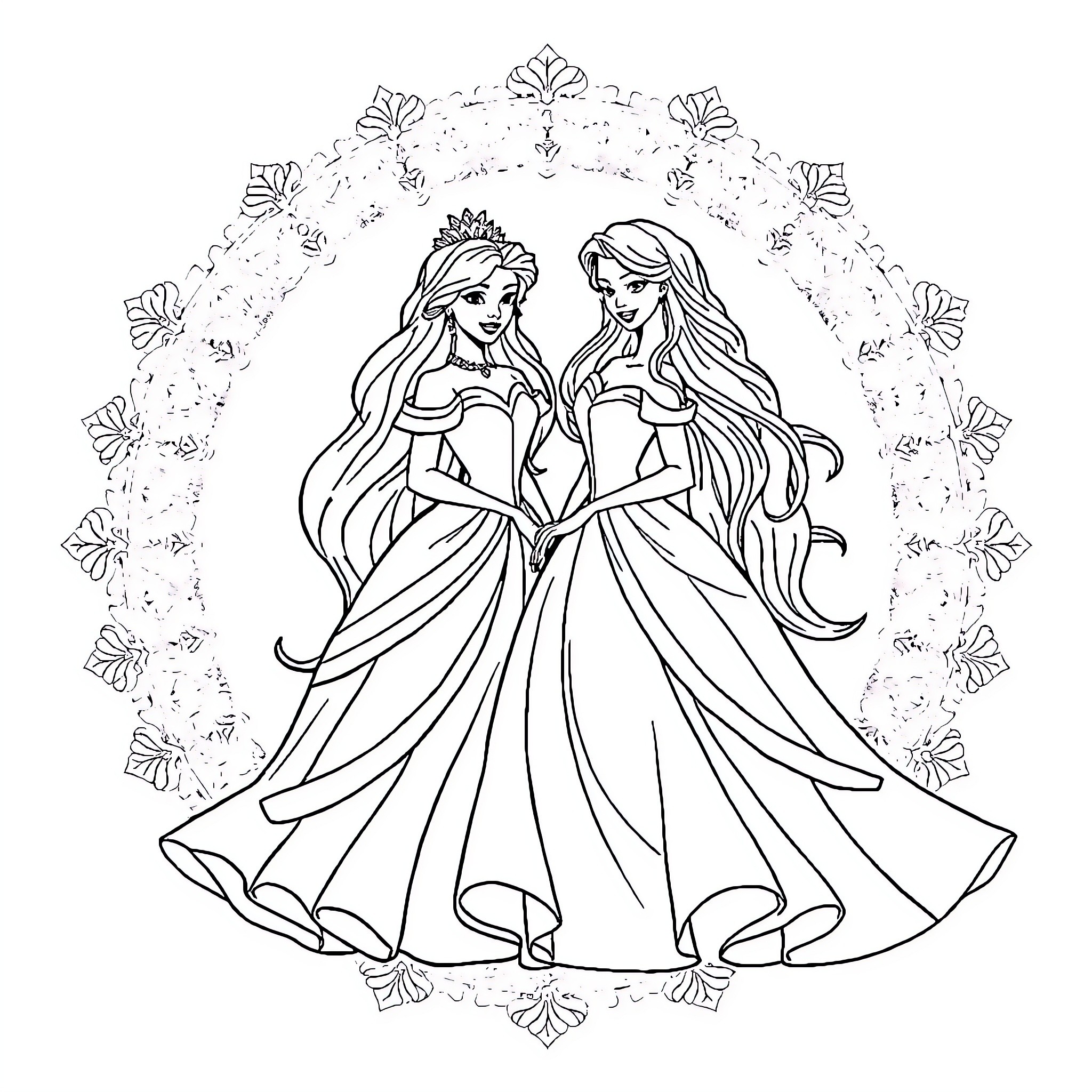 Princess sisters in ornate dresses under floral arch Coloring Page (free black-and-white line drawing printable PDF for all, from beginners to advanced learners, including children, teens, adults, and seniors)