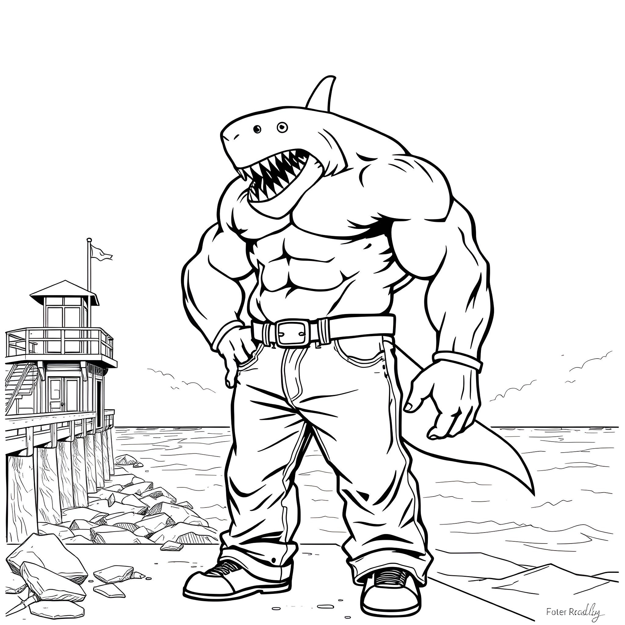 Shark beach lifeguard on duty Coloring Page (free black-and-white line drawing printable PDF for all, from beginners to advanced learners, including children, teens, adults, and seniors)