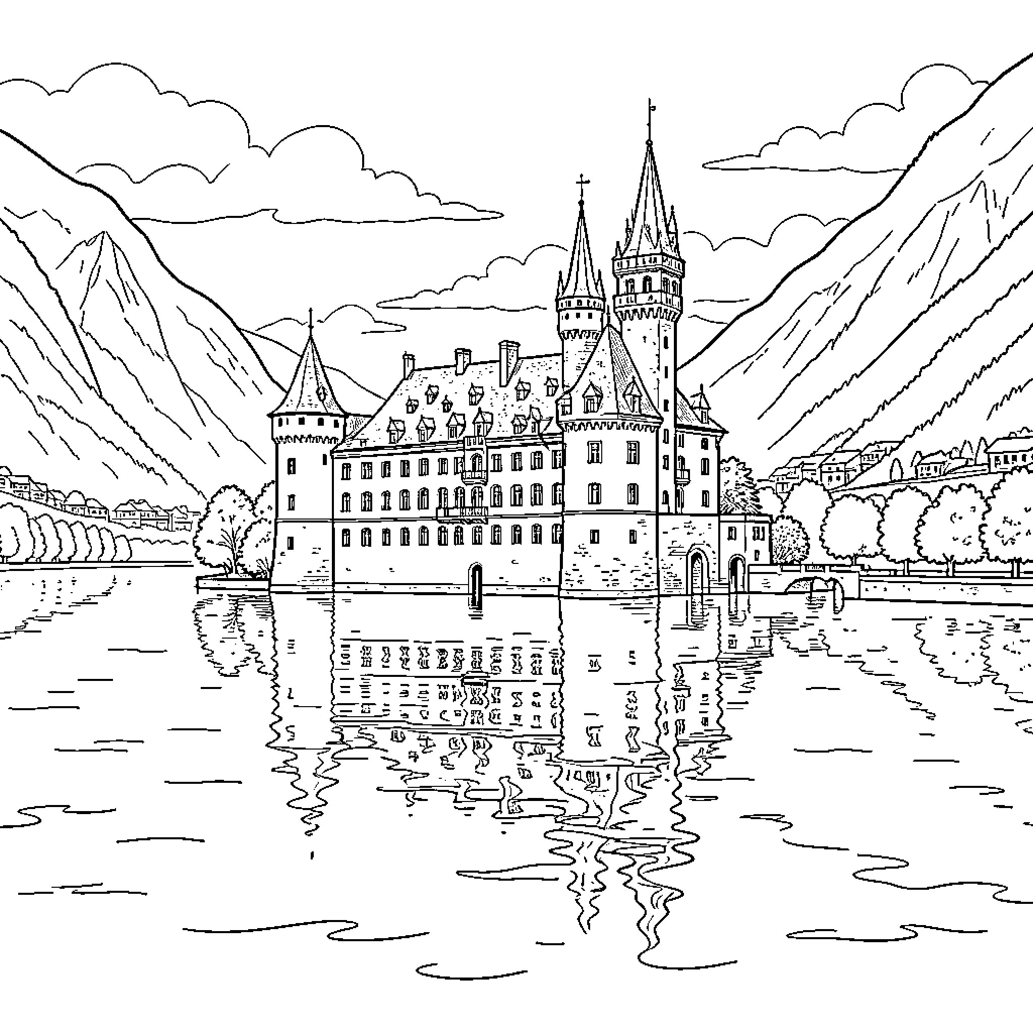 Château reflecting peacefully in the calm lake waters Coloring Page (free black-and-white line drawing printable PDF for all, from beginners to advanced learners, including children, teens, adults, and seniors)