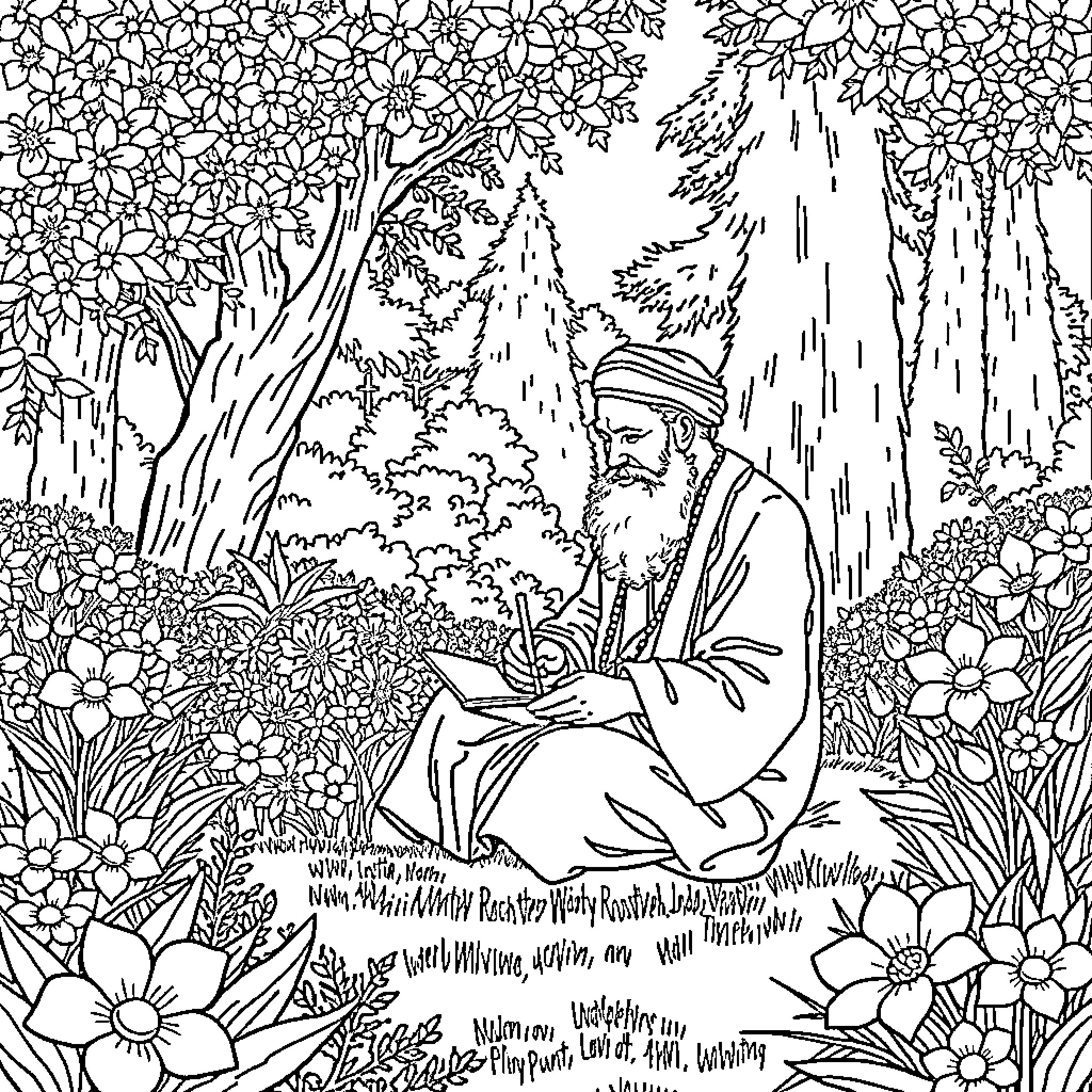Rumi in contemplative reflection amidst nature's abundance Coloring Page (free black-and-white line drawing printable PDF for all, from beginners to advanced learners, including children, teens, adults, and seniors)