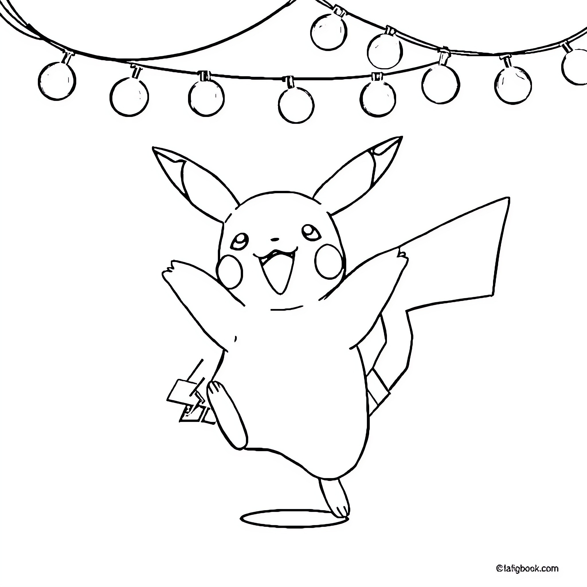 Pikachu playing happily under string lights Coloring Page (free black-and-white line drawing printable PDF for all, from beginners to advanced learners, including children, teens, adults, and seniors)