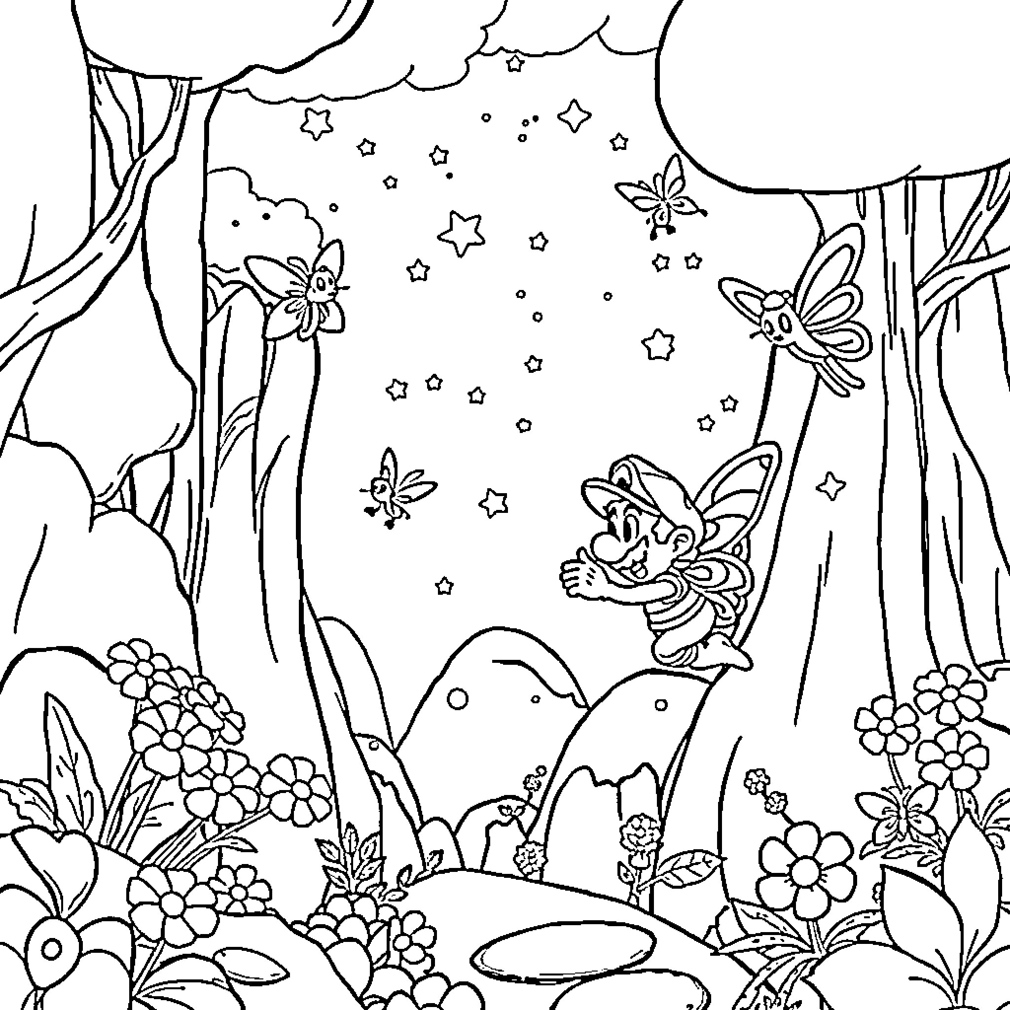 Fairy-like creatures exploring a whimsical forest Coloring Page (free black-and-white line drawing printable PDF for all, from beginners to advanced learners, including children, teens, adults, and seniors)