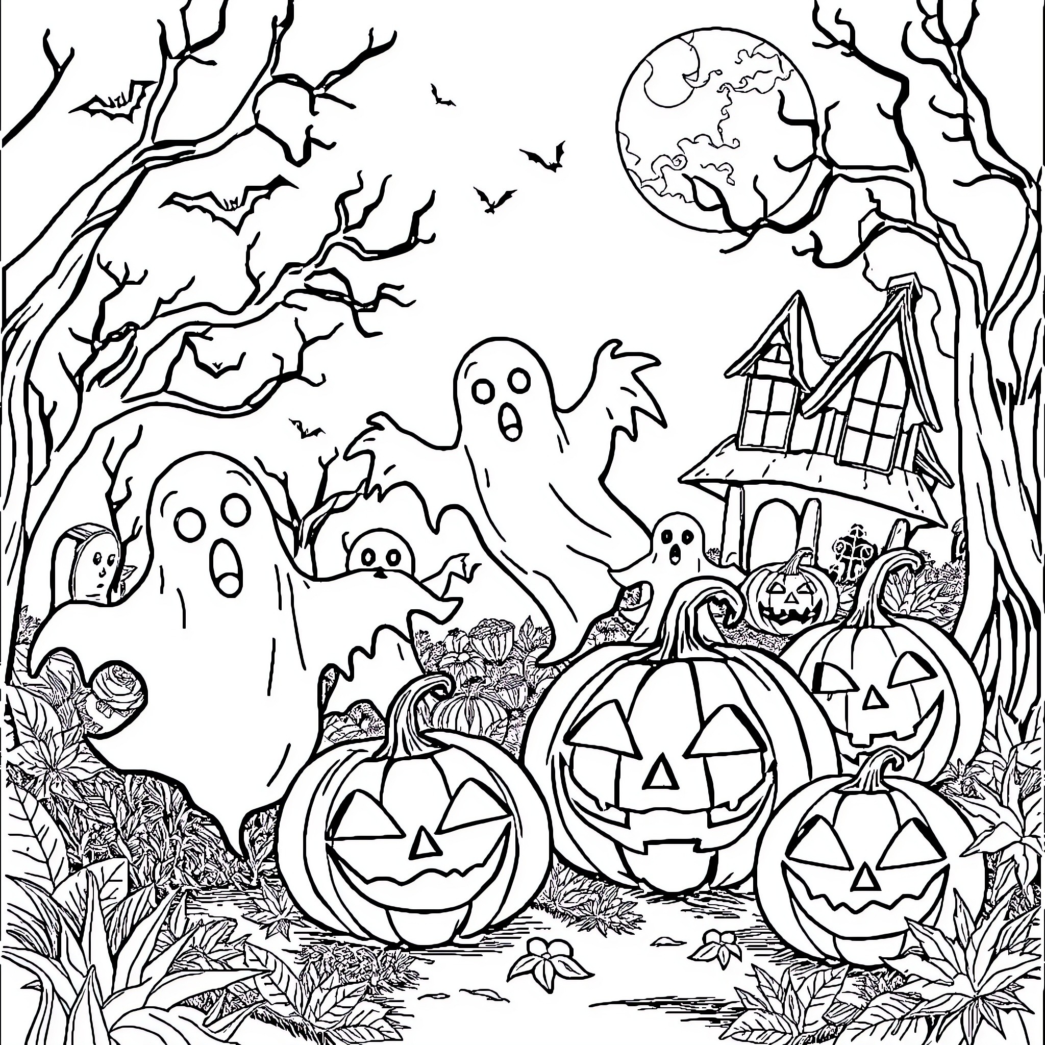 Halloween spooky scene with ghosts and pumpkins Coloring Page (free black-and-white line drawing printable PDF for all, from beginners to advanced learners, including children, teens, adults, and seniors)
