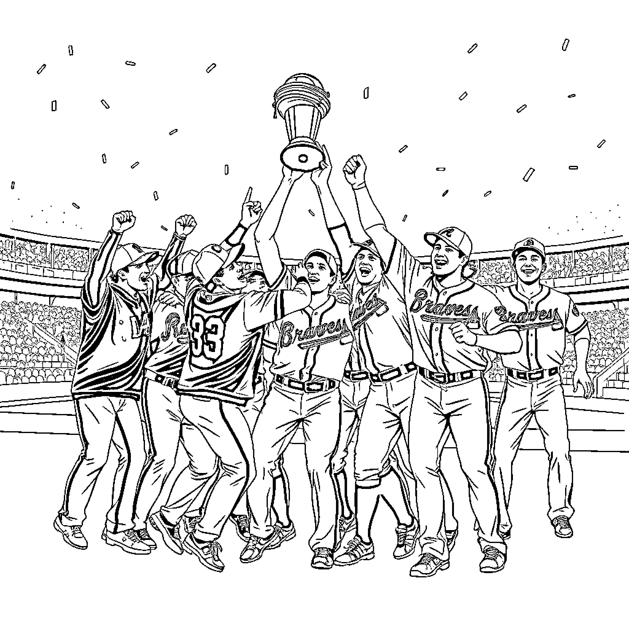 Atlanta Braves Players Celebrating Championship Victory Coloring Page (free black-and-white line drawing printable PDF for all, from beginners to advanced learners, including children, teens, adults, and seniors)