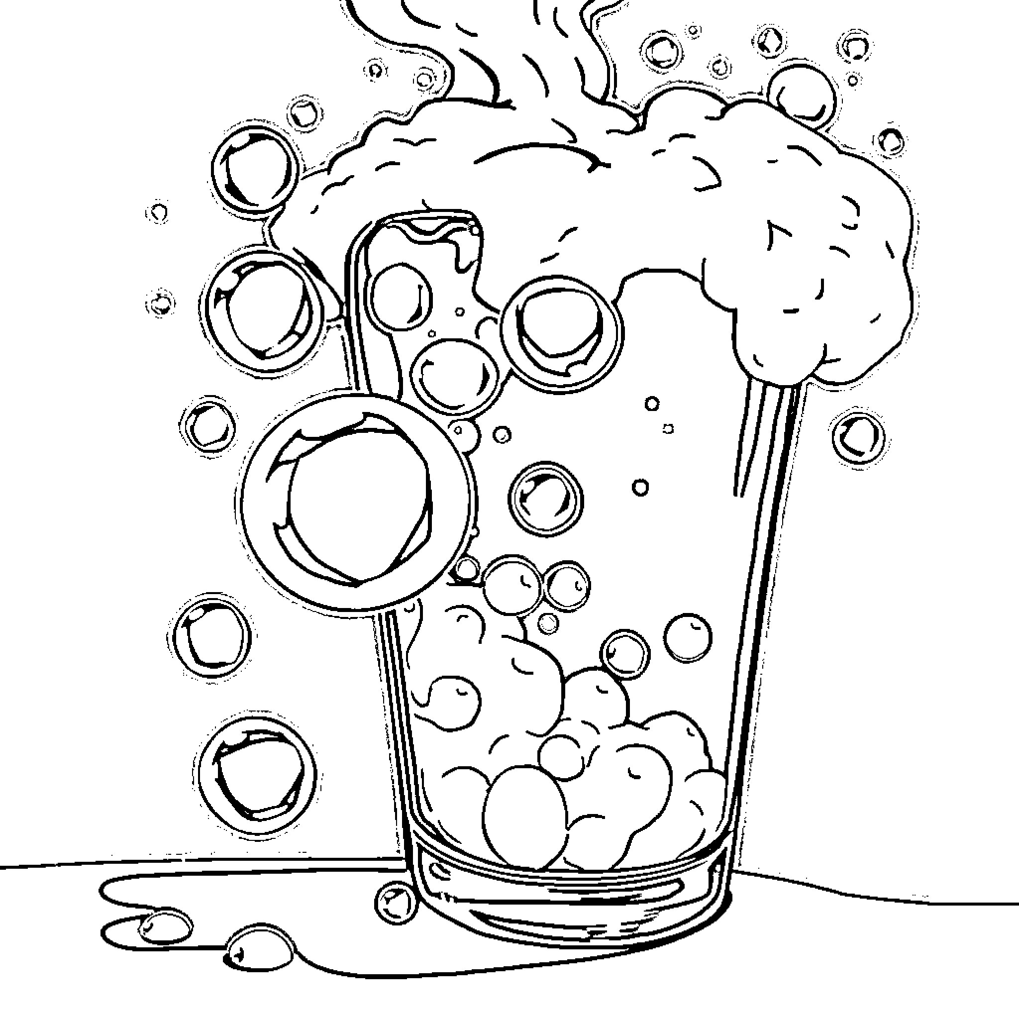 Soda fizzing and bubbling in a glass Coloring Page (free black-and-white line drawing printable PDF for all, from beginners to advanced learners, including children, teens, adults, and seniors)
