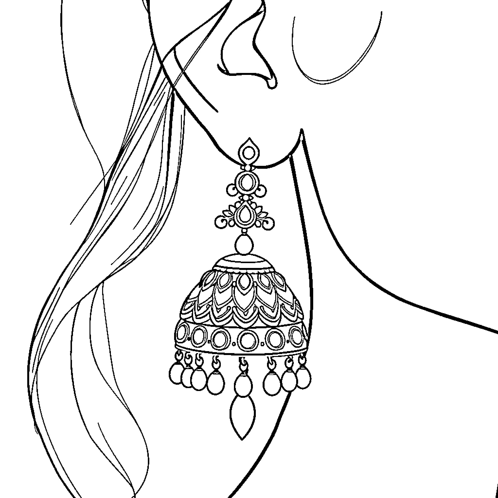 Jhumka earring adorned by elegant hairstyle Coloring Page (free black-and-white line drawing printable PDF for all, from beginners to advanced learners, including children, teens, adults, and seniors)