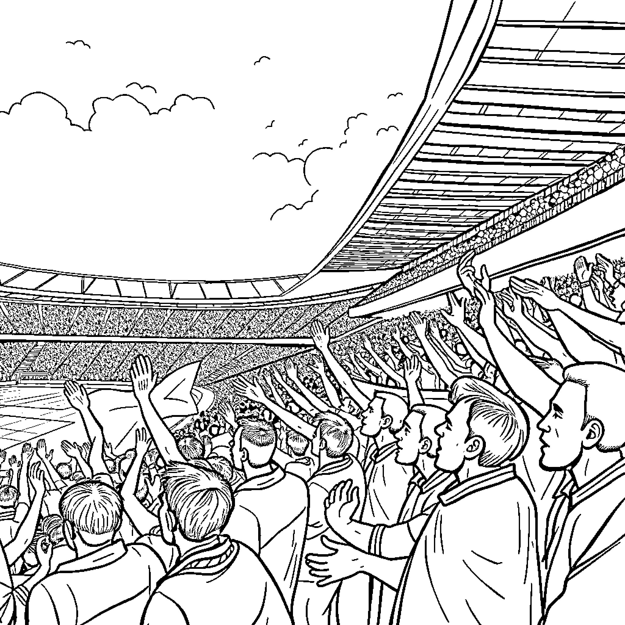 Stamfordbridge stadium with excited crowd of fans Coloring Page (free black-and-white line drawing printable PDF for all, from beginners to advanced learners, including children, teens, adults, and seniors)