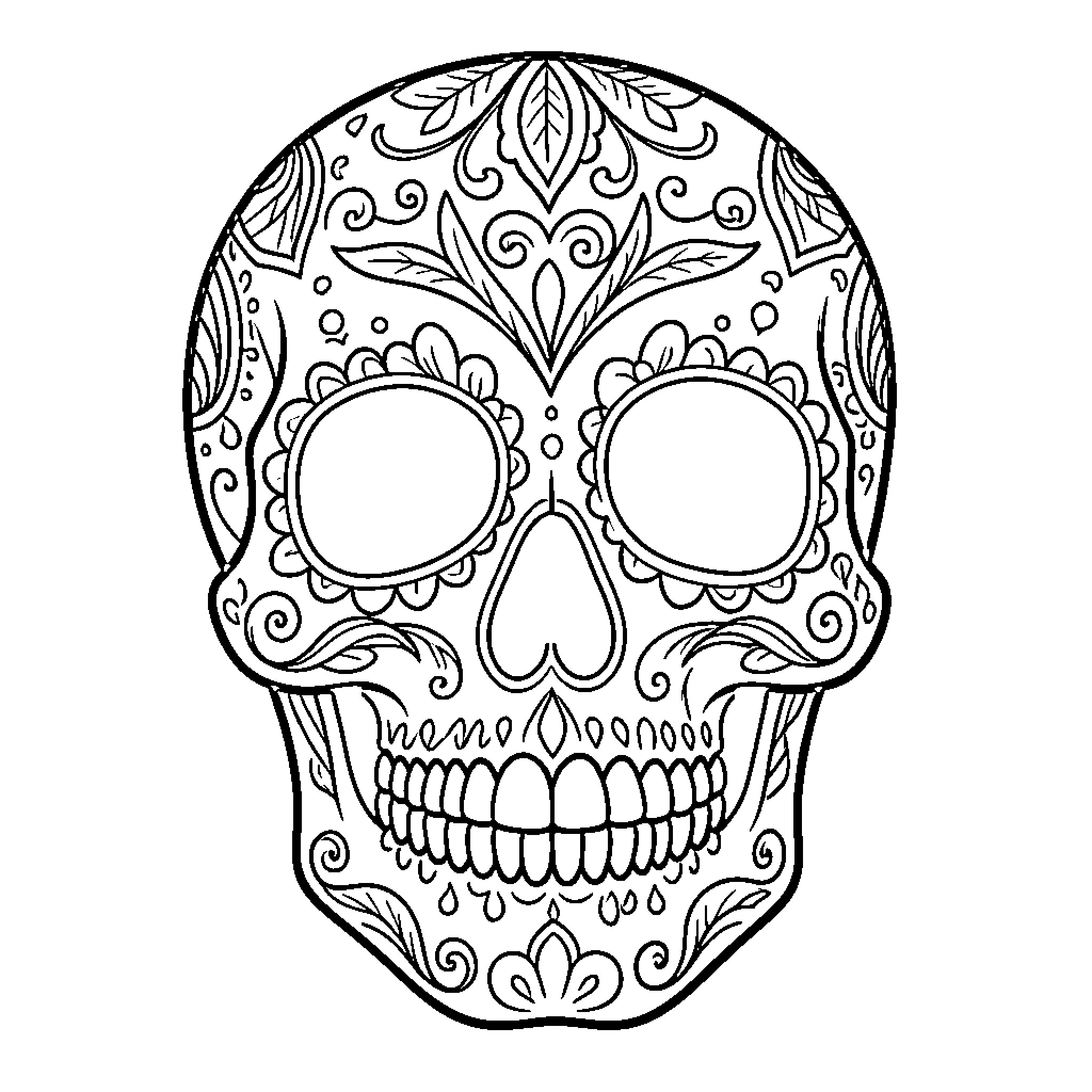 Sugar Skull decorated with intricate floral patterns Coloring Page (free black-and-white line drawing printable PDF for all, from beginners to advanced learners, including children, teens, adults, and seniors)
