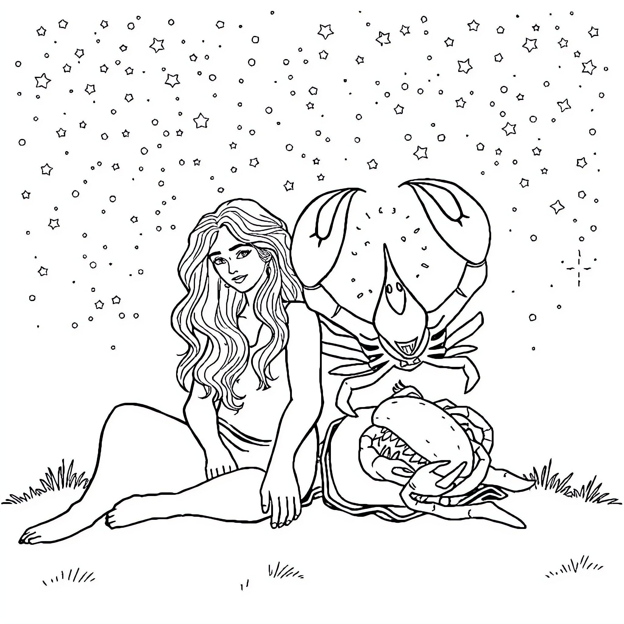 Aquarius mermaid under the starry sky Coloring Page (free black-and-white line drawing printable PDF for all, from beginners to advanced learners, including children, teens, adults, and seniors)