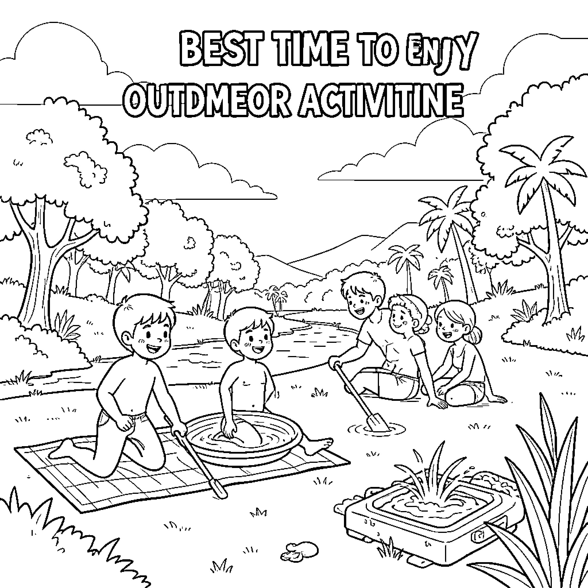 Summer Fun Outdoors with Friends Coloring Page (free black-and-white line drawing printable PDF for all, from beginners to advanced learners, including children, teens, adults, and seniors)