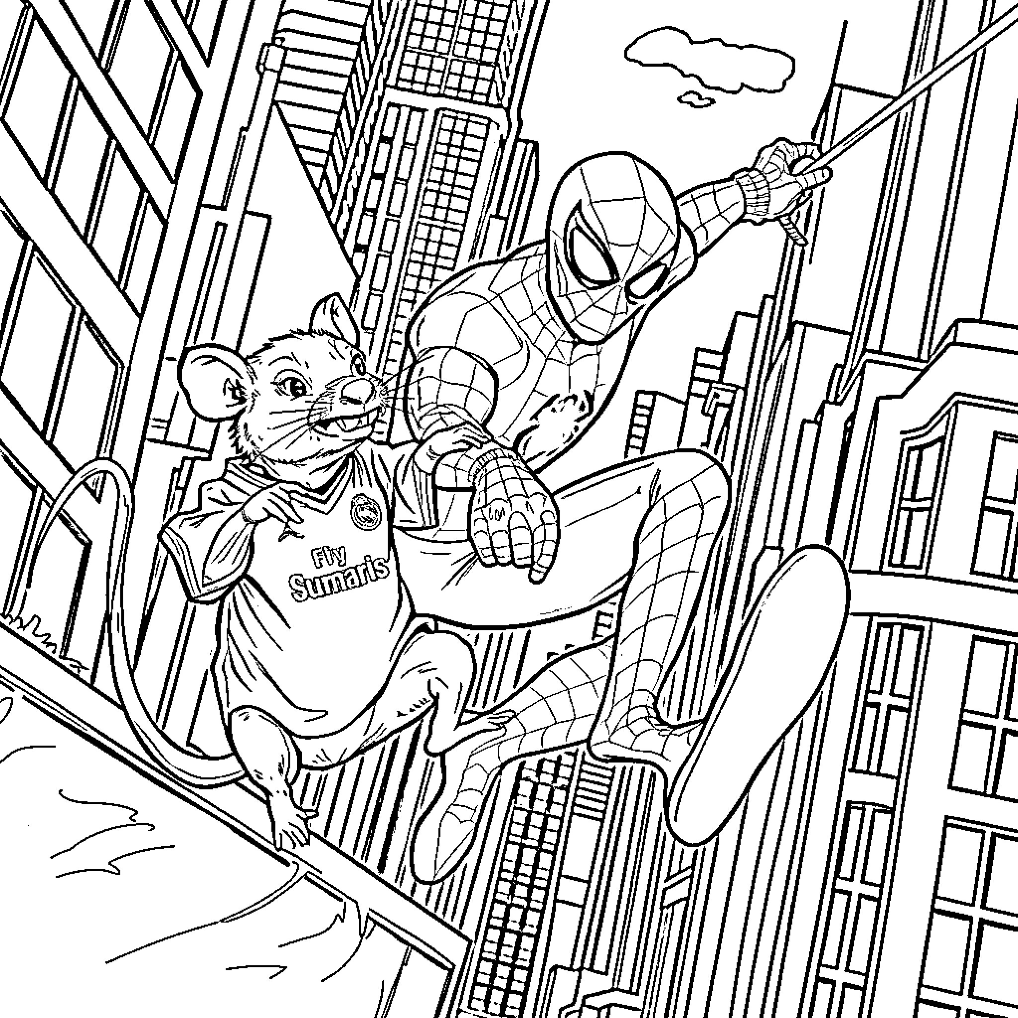 Spiderman swinging through the city skyline with a sidekick Coloring Page (free black-and-white line drawing printable PDF for all, from beginners to advanced learners, including children, teens, adults, and seniors)