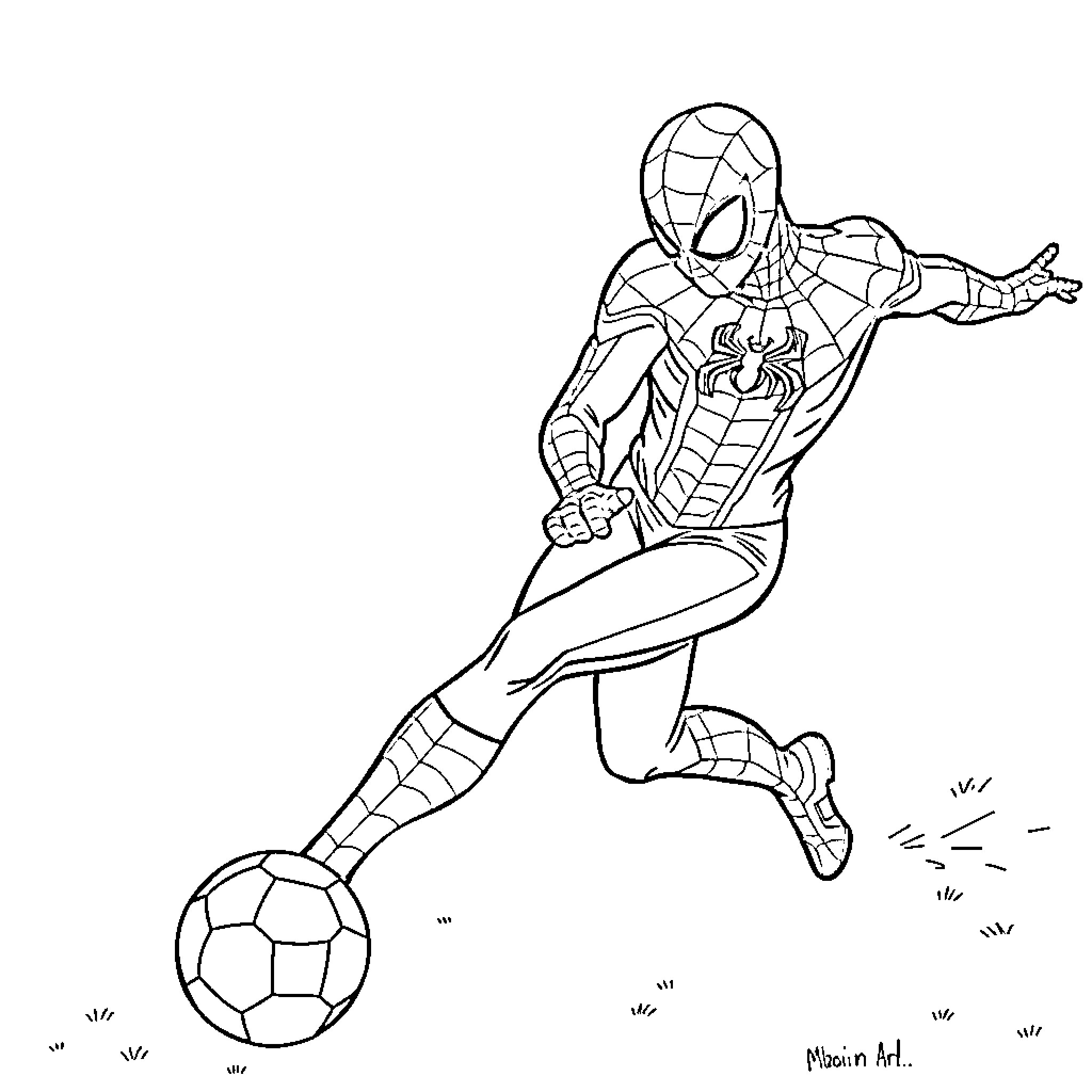 Spiderman jumping and kicking a soccer ball Coloring Page (free black-and-white line drawing printable PDF for all, from beginners to advanced learners, including children, teens, adults, and seniors)