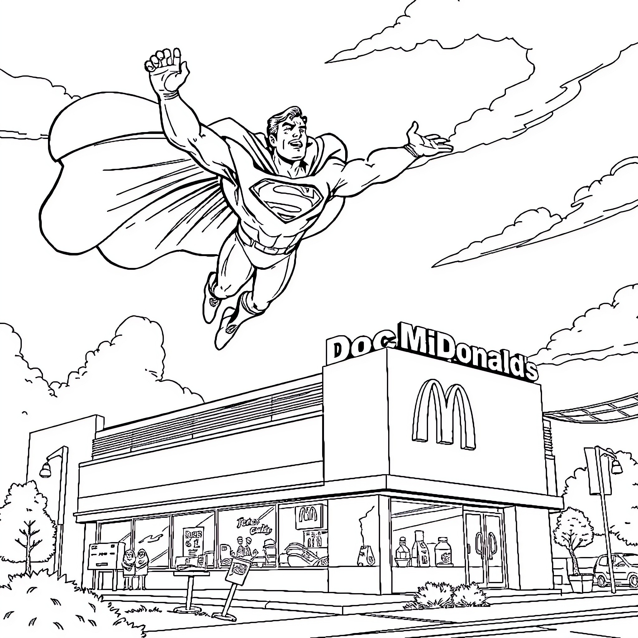 Superman soaring over a McDonald's restaurant Coloring Page (free black-and-white line drawing printable PDF for all, from beginners to advanced learners, including children, teens, adults, and seniors)