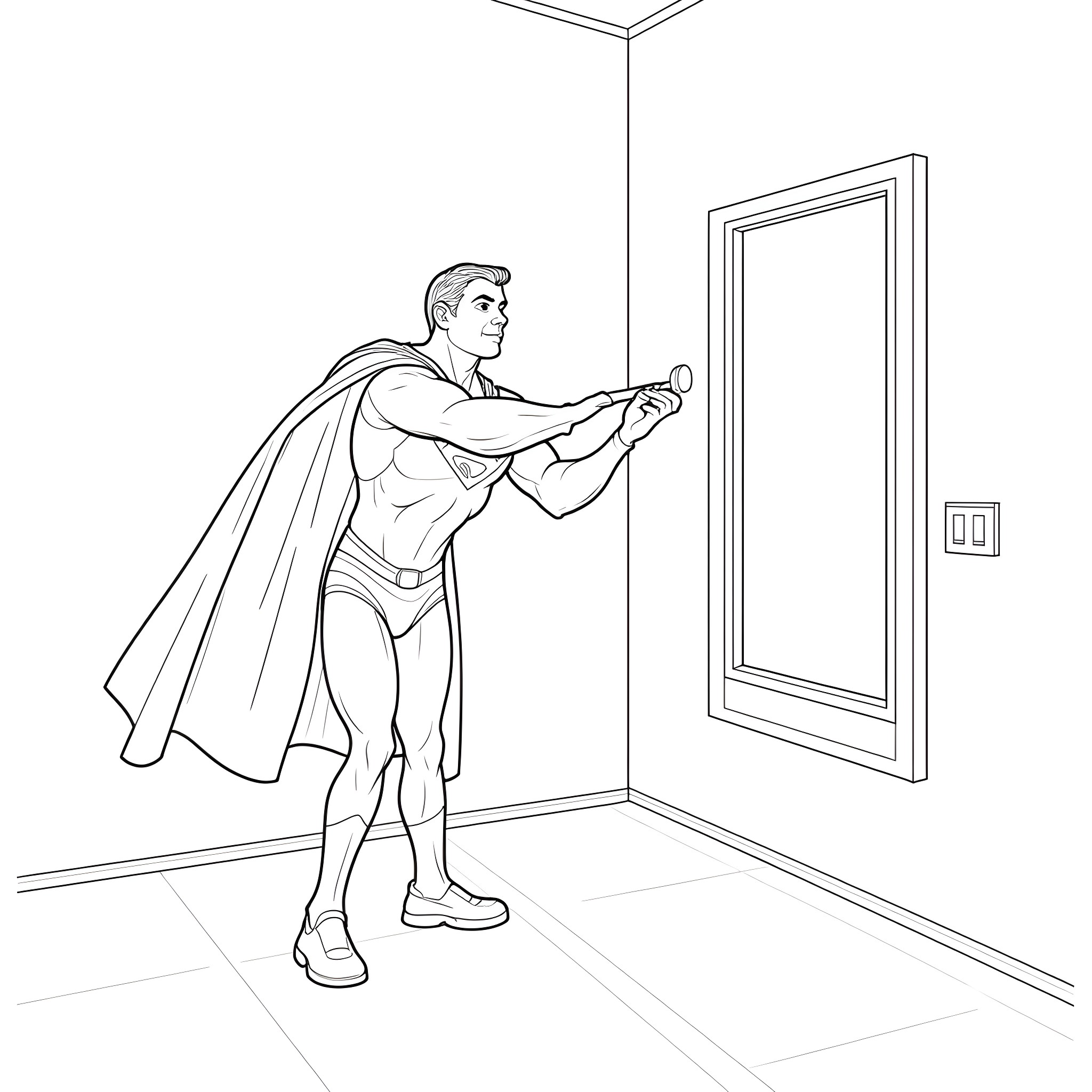 Superman preparing to enter a room Coloring Page (free black-and-white line drawing printable PDF for all, from beginners to advanced learners, including children, teens, adults, and seniors)