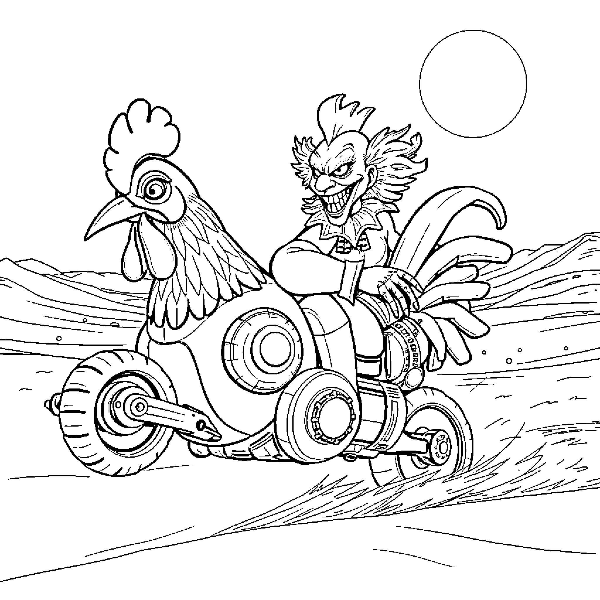 Clown Rooster Riding Mechanical Vehicle Coloring Page (free black-and-white line drawing printable PDF for all, from beginners to advanced learners, including children, teens, adults, and seniors)