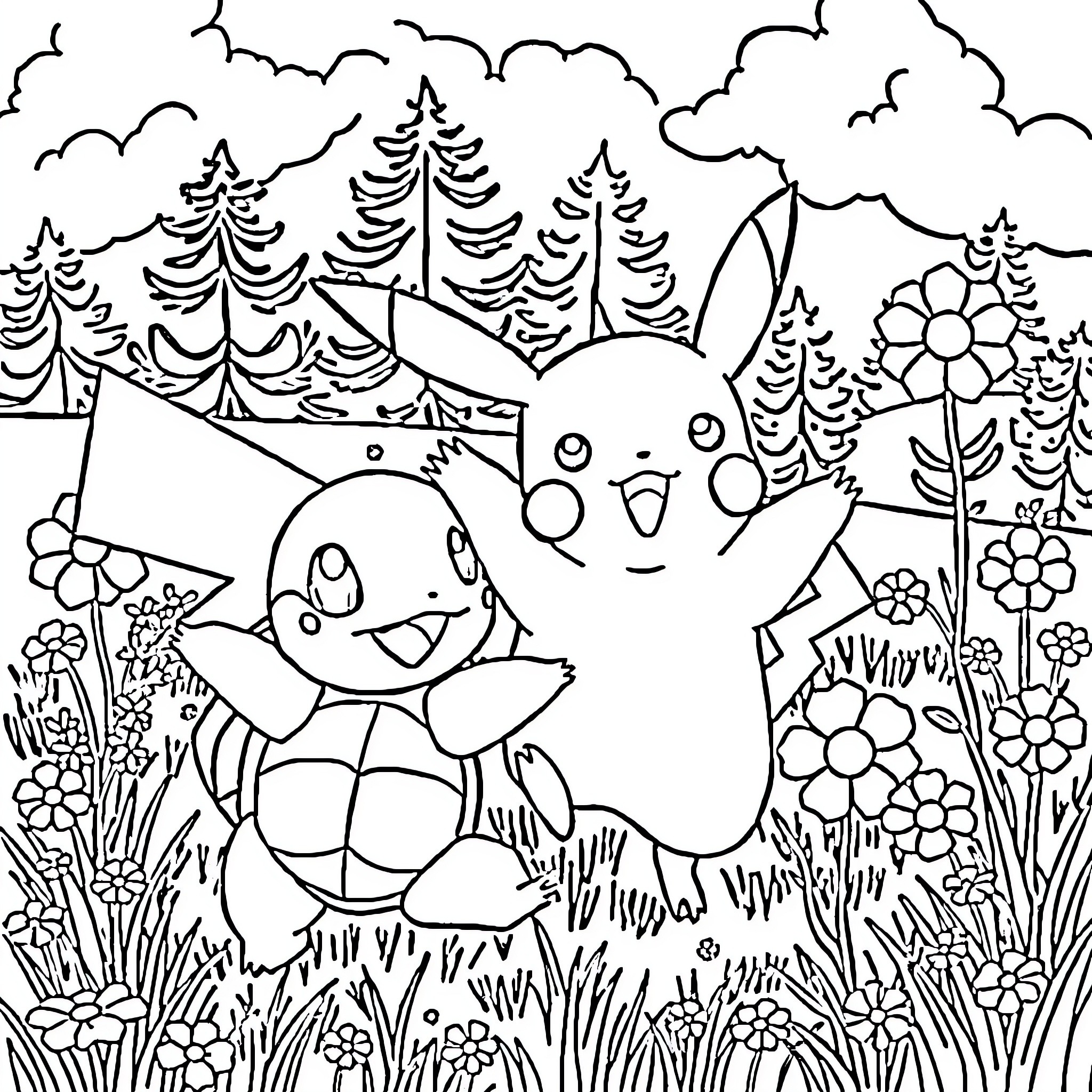 Pikachu and friends exploring the forest Coloring Page (free black-and-white line drawing printable PDF for all, from beginners to advanced learners, including children, teens, adults, and seniors)