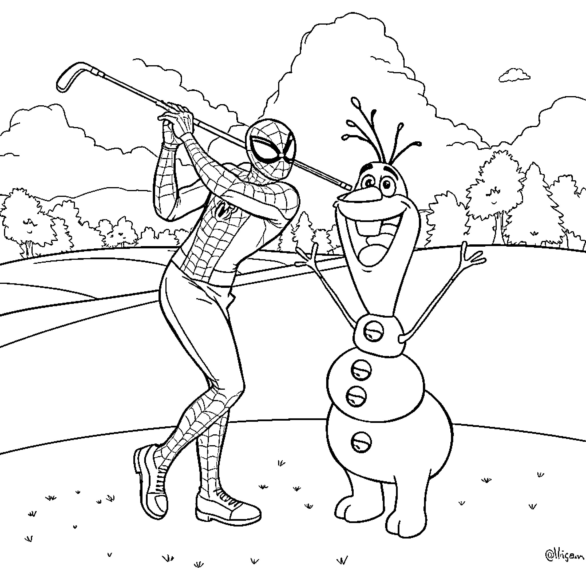 Spiderman playing with friendly snowman in nature Coloring Page (free black-and-white line drawing printable PDF for all, from beginners to advanced learners, including children, teens, adults, and seniors)