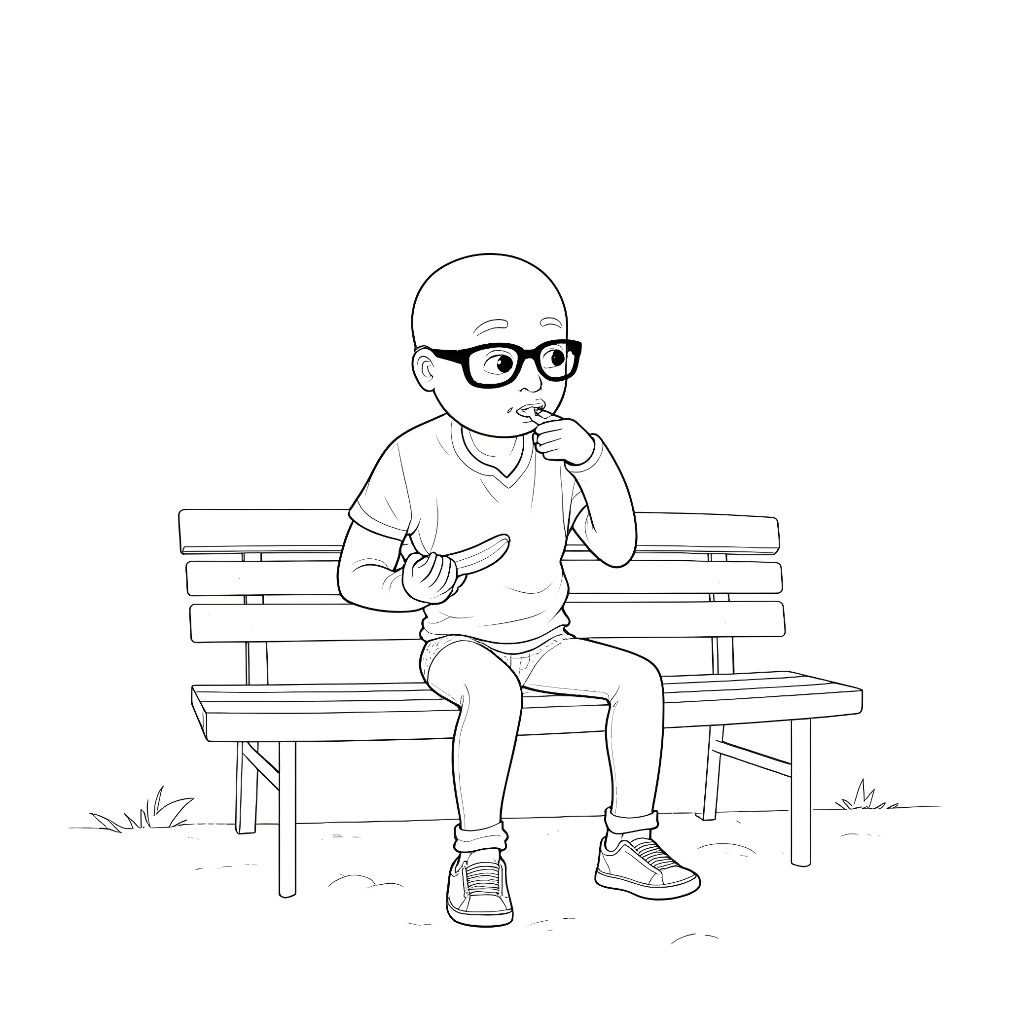 Guy sitting on a bench and eating a snack Coloring Page (free black-and-white line drawing printable PDF for all, from beginners to advanced learners, including children, teens, adults, and seniors)