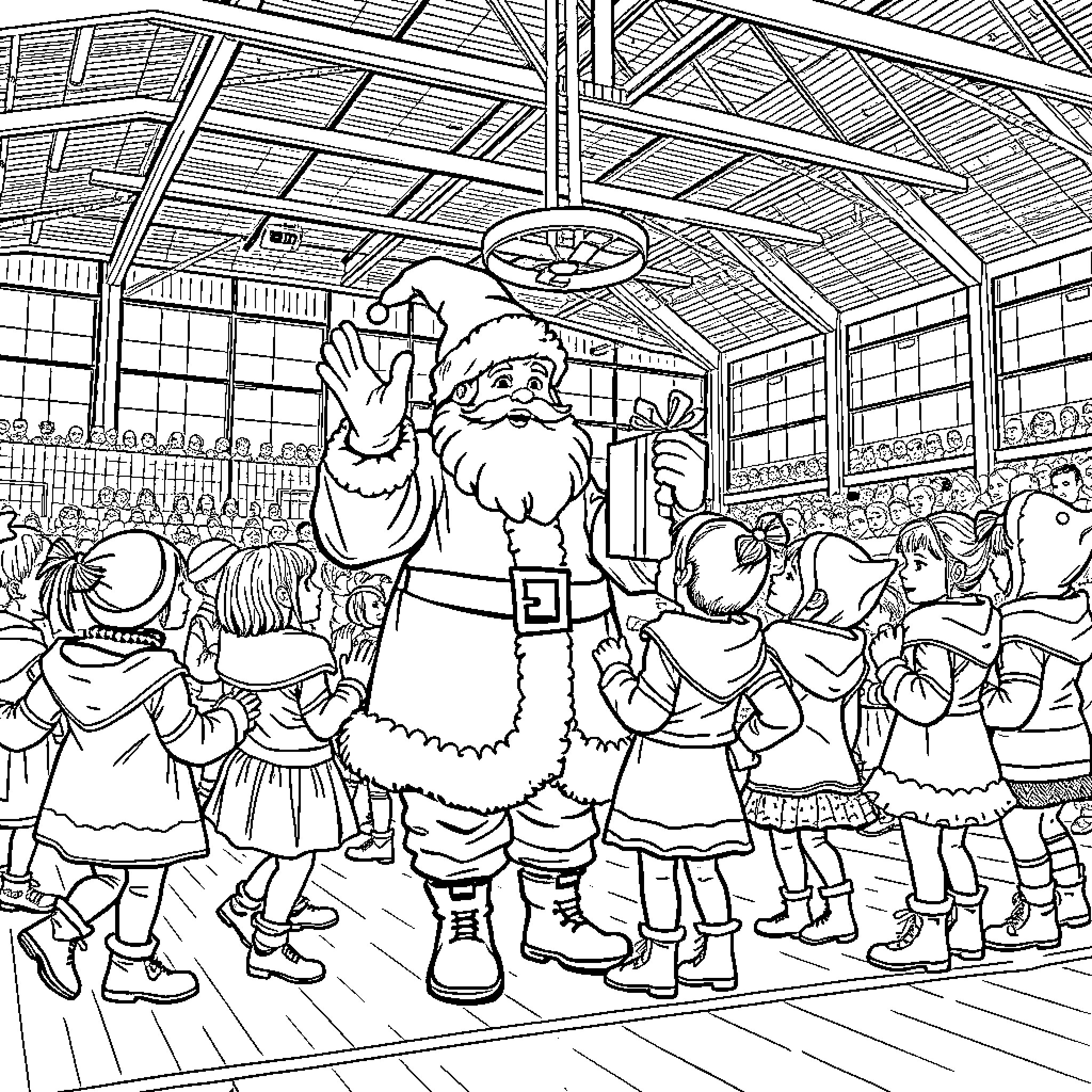 Sinterklaas greeting children in a festive gathering Coloring Page (free black-and-white line drawing printable PDF for all, from beginners to advanced learners, including children, teens, adults, and seniors)
