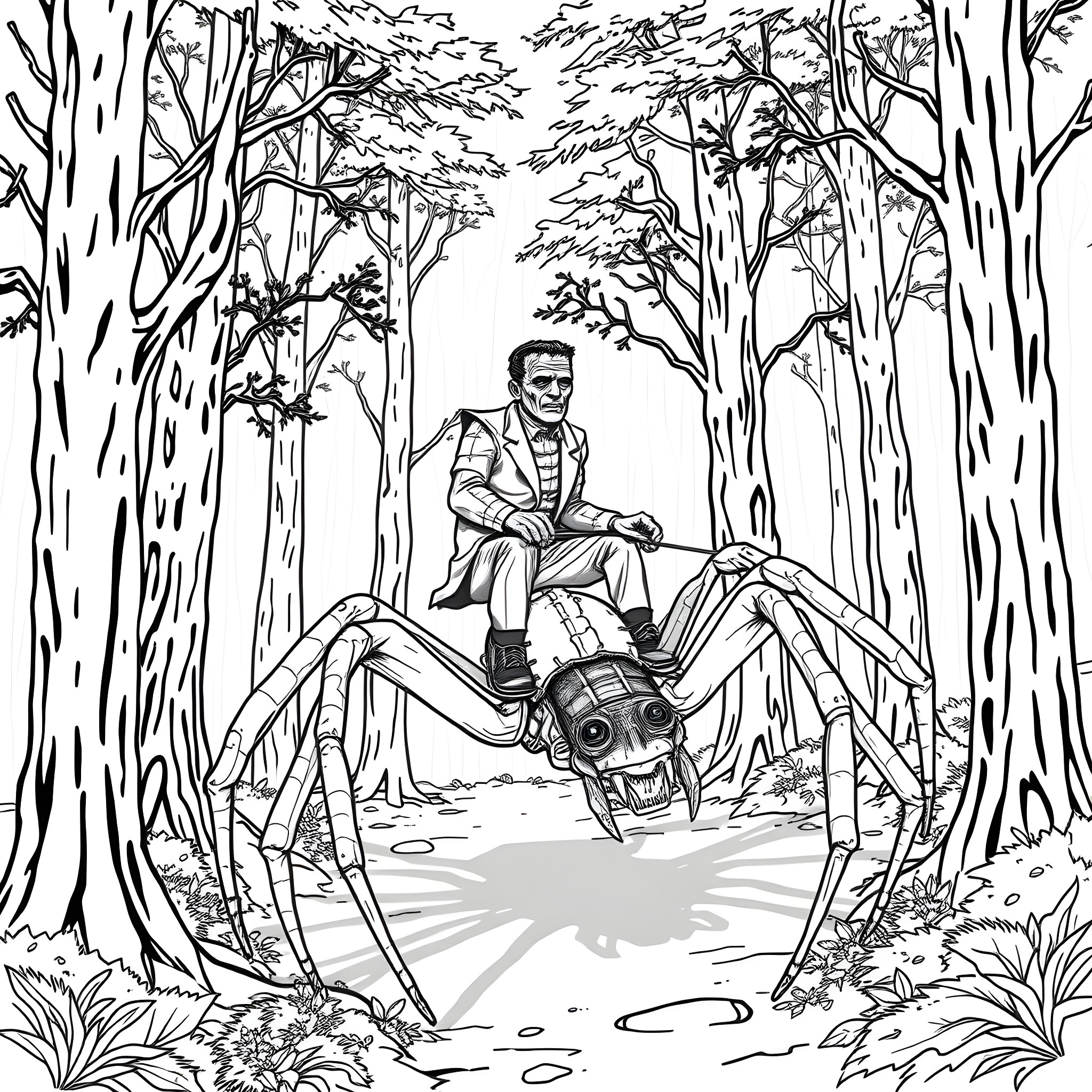 Frankenstein Riding a Giant Spider through the Forest Coloring Page (free black-and-white line drawing printable PDF for all, from beginners to advanced learners, including children, teens, adults, and seniors)
