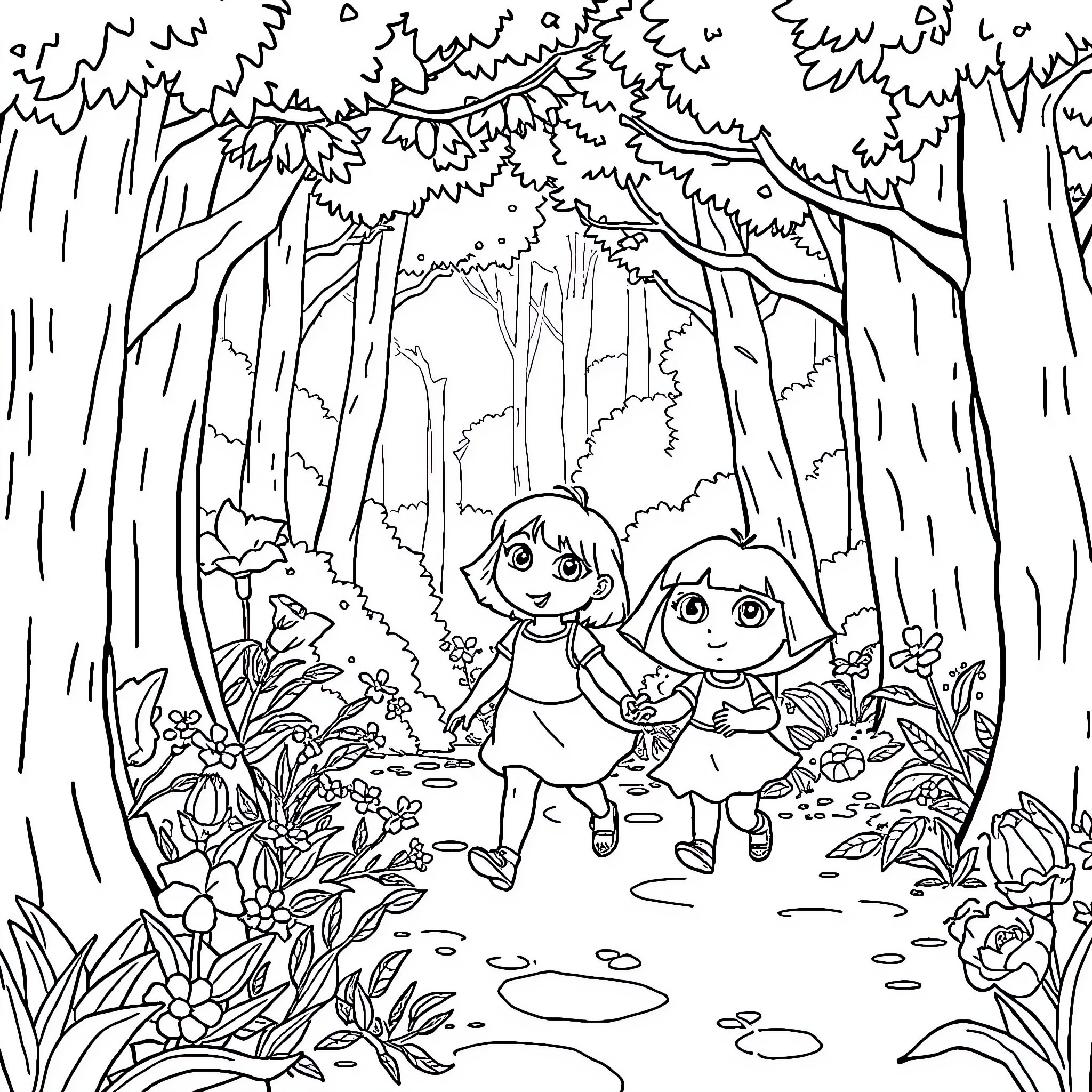 Dora and friends explore the magical forest Coloring Page (free black-and-white line drawing printable PDF for all, from beginners to advanced learners, including children, teens, adults, and seniors)