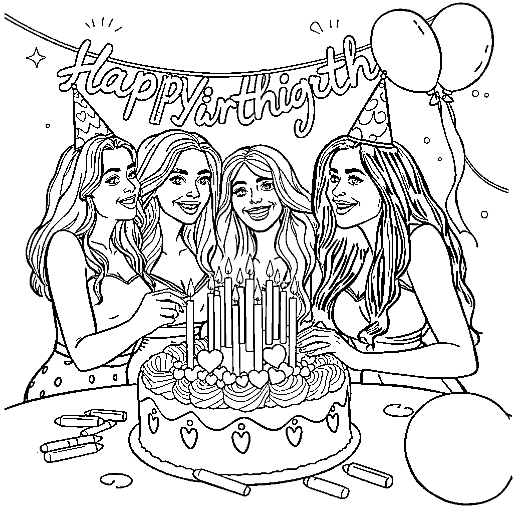 Huntrix Celebrate Happy Birthday Together Coloring Page (free black-and-white line drawing printable PDF for all, from beginners to advanced learners, including children, teens, adults, and seniors)