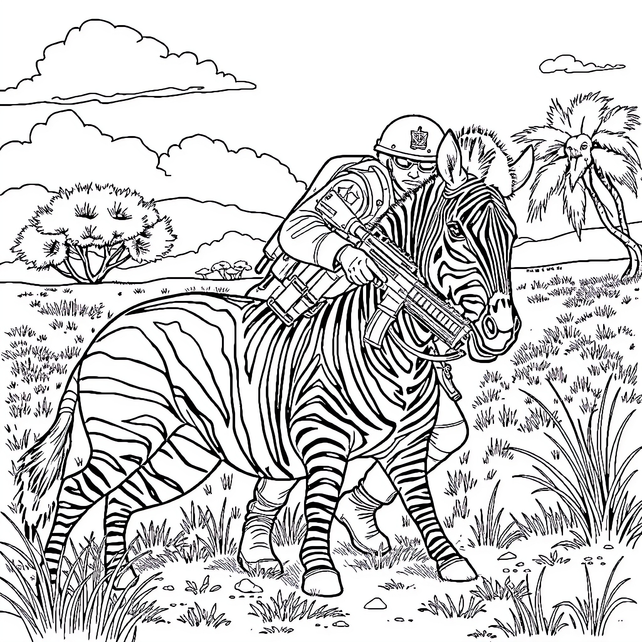 Navy SEAL riding a camouflaged zebra in the wilderness Coloring Page (free black-and-white line drawing printable PDF for all, from beginners to advanced learners, including children, teens, adults, and seniors)