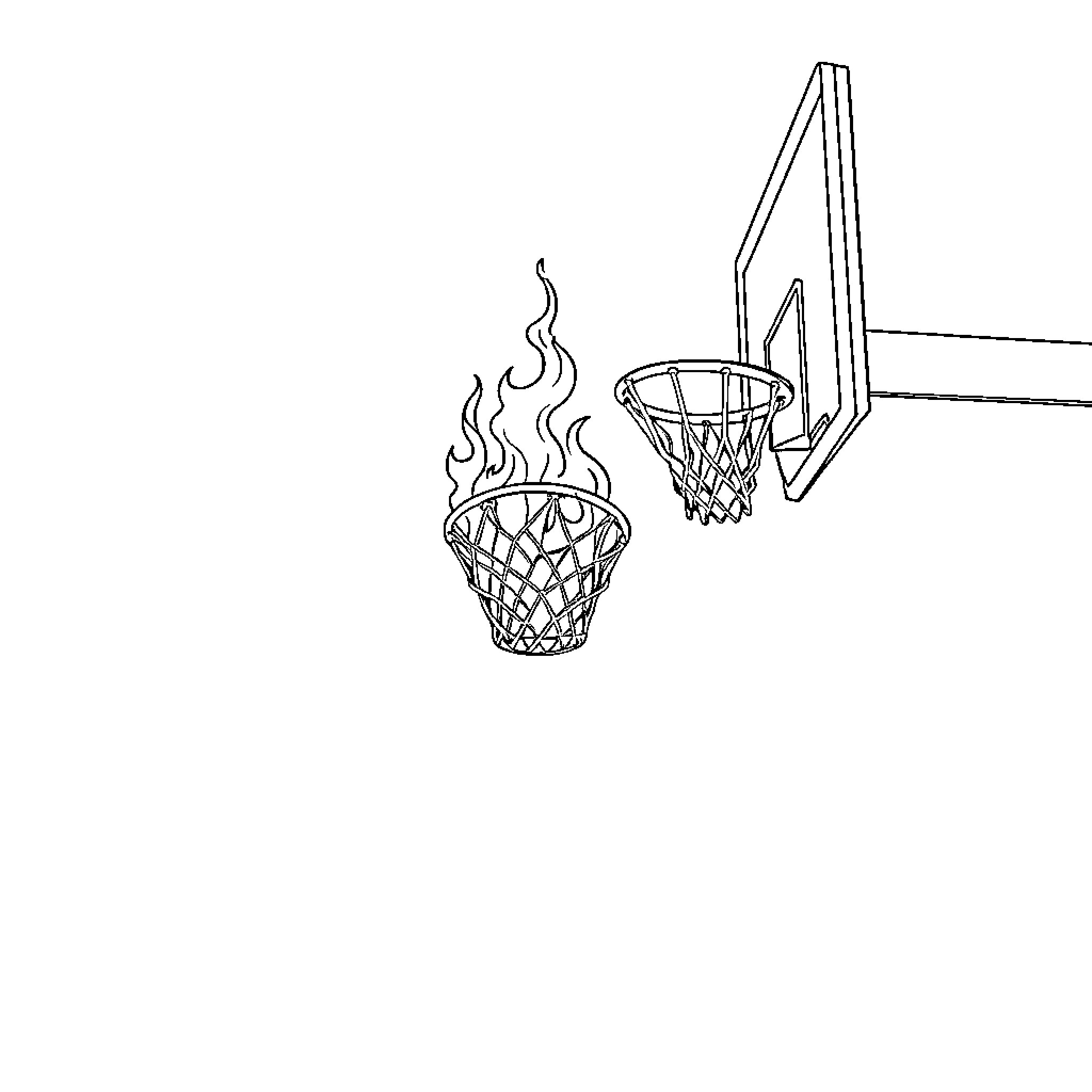 Basketball hoops on fire Coloring Page (free black-and-white line drawing printable PDF for all, from beginners to advanced learners, including children, teens, adults, and seniors)