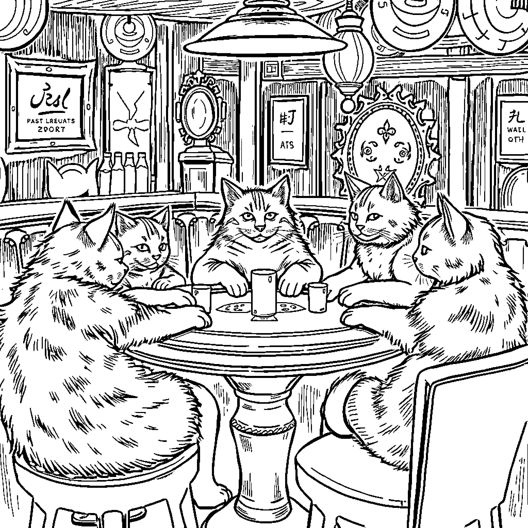Cat friends enjoying a cozy gathering in a vintage setting Coloring Page (free black-and-white line drawing printable PDF for all, from beginners to advanced learners, including children, teens, adults, and seniors)
