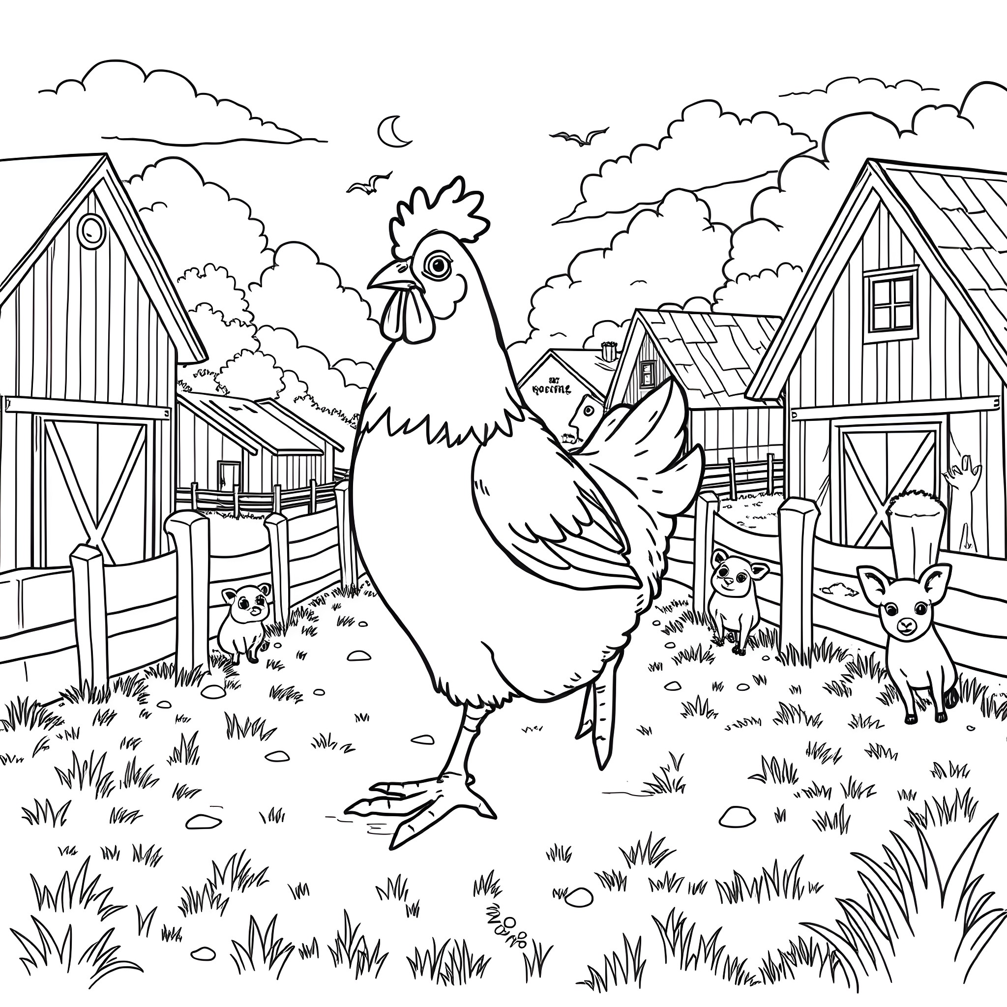 Chicken on a Farmyard Adventure Coloring Page (free black-and-white line drawing printable PDF for all, from beginners to advanced learners, including children, teens, adults, and seniors)
