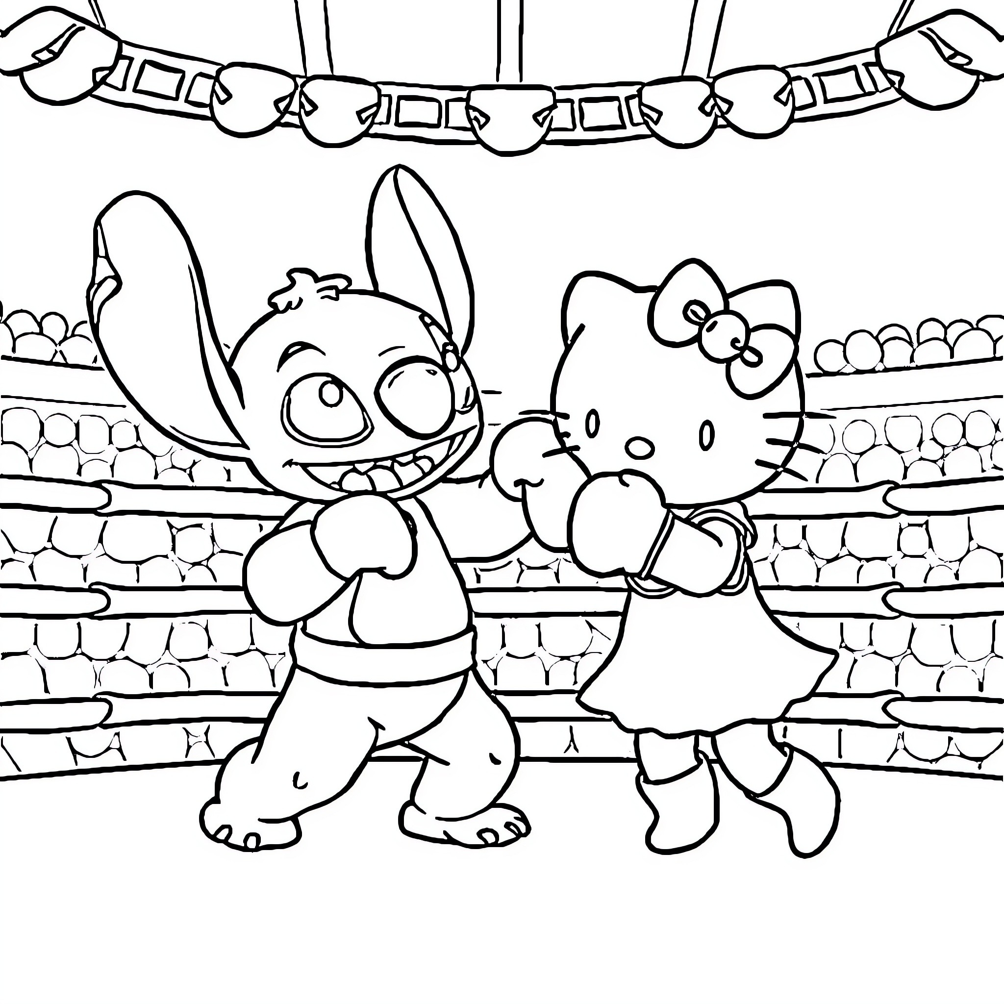 Stitch and Hello Kitty having fun in the park Coloring Page (free black-and-white line drawing printable PDF for all, from beginners to advanced learners, including children, teens, adults, and seniors)