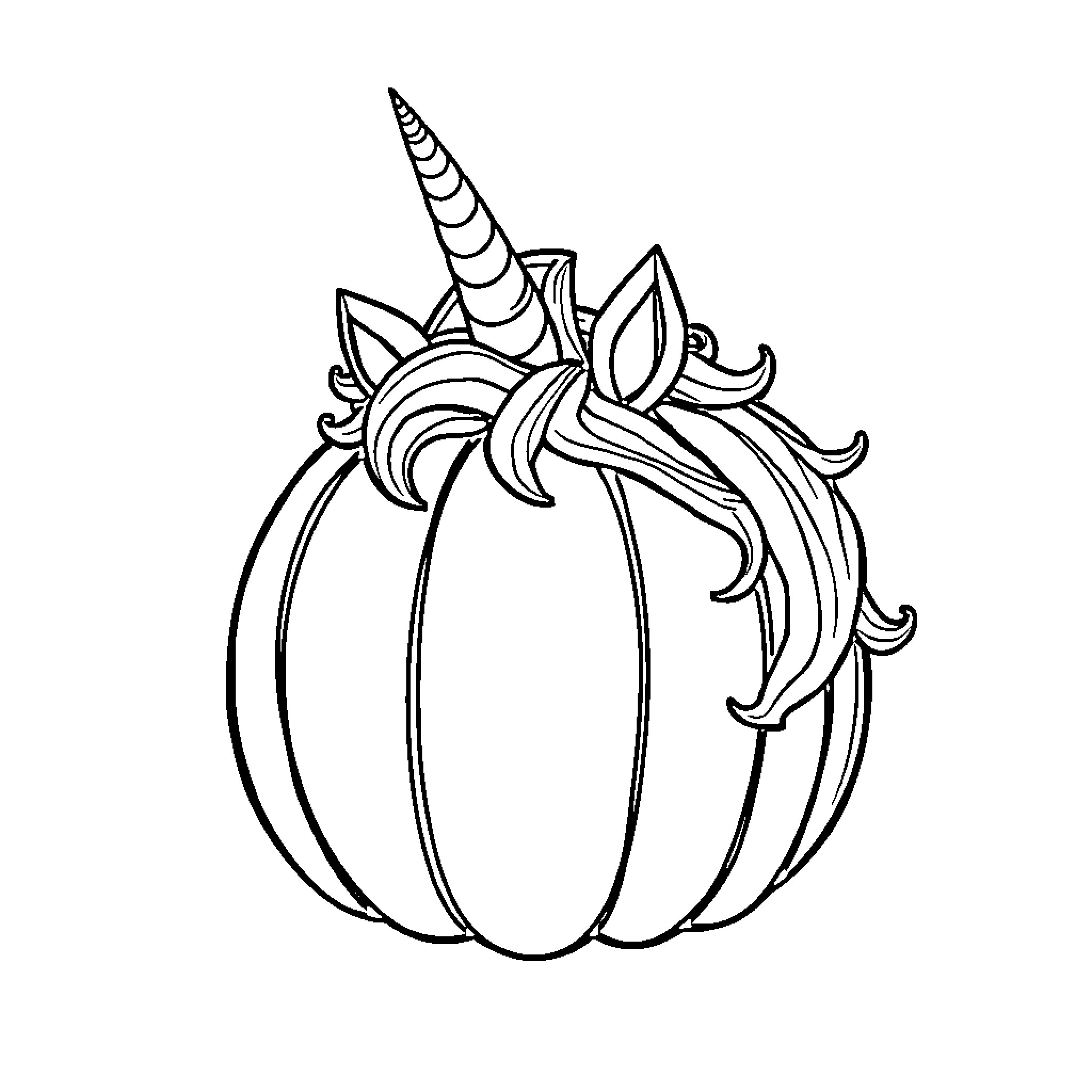 Pumpkin with Whimsical Unicorn Design Coloring Page (free black-and-white line drawing printable PDF for all, from beginners to advanced learners, including children, teens, adults, and seniors)