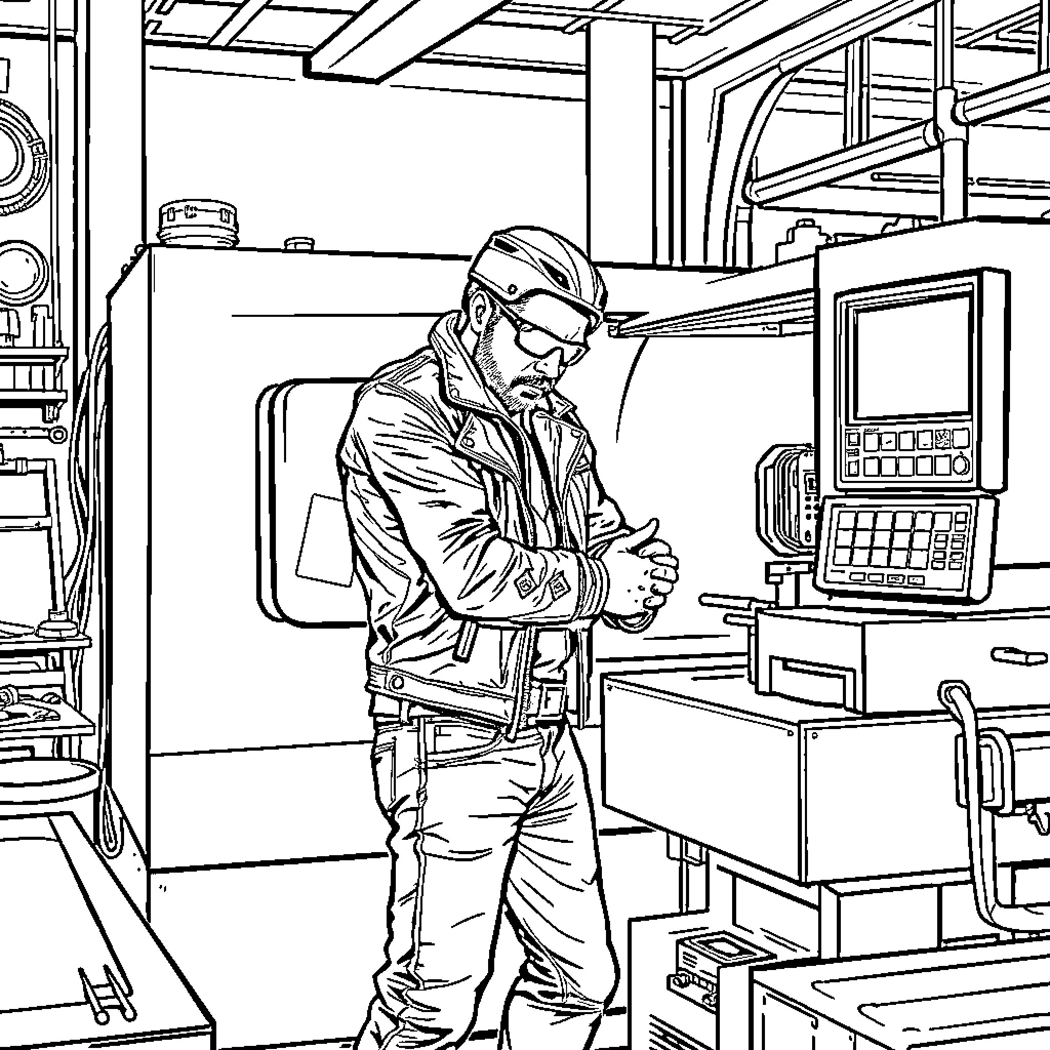 Biker repairing motorcycle in workshop Coloring Page (free black-and-white line drawing printable PDF for all, from beginners to advanced learners, including children, teens, adults, and seniors)