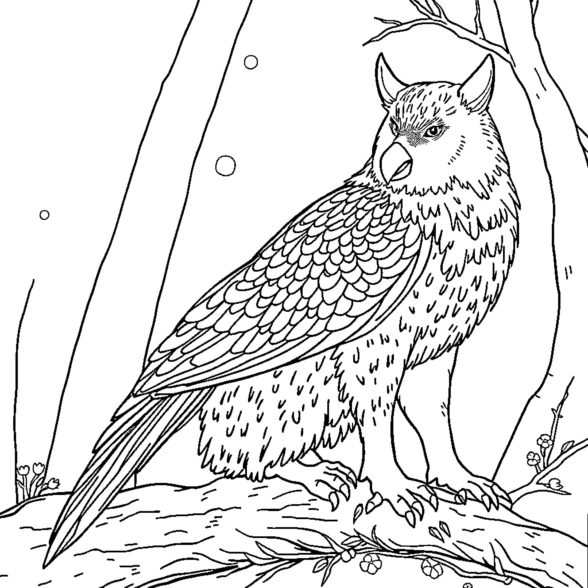 Pope's Majestic Owl Perched in Serene Forest Coloring Page (free black-and-white line drawing printable PDF for all, from beginners to advanced learners, including children, teens, adults, and seniors)