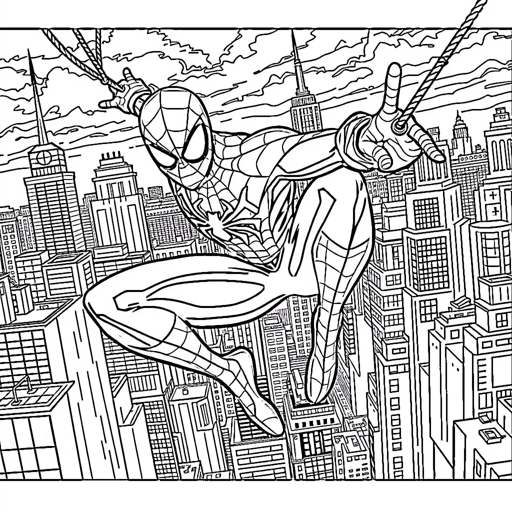 Spiderman swinging through the city skyline Coloring Page (free black-and-white line drawing printable PDF for all, from beginners to advanced learners, including children, teens, adults, and seniors)