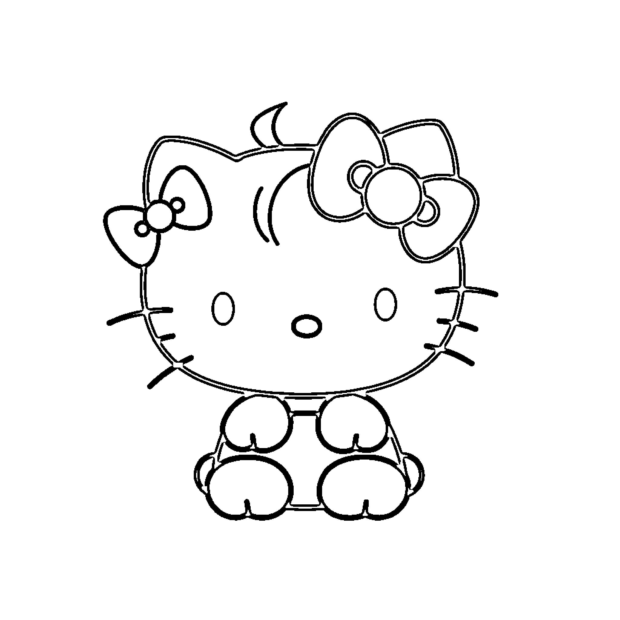 Hello Kitty sitting and smiling Coloring Page (free black-and-white line drawing printable PDF for all, from beginners to advanced learners, including children, teens, adults, and seniors)