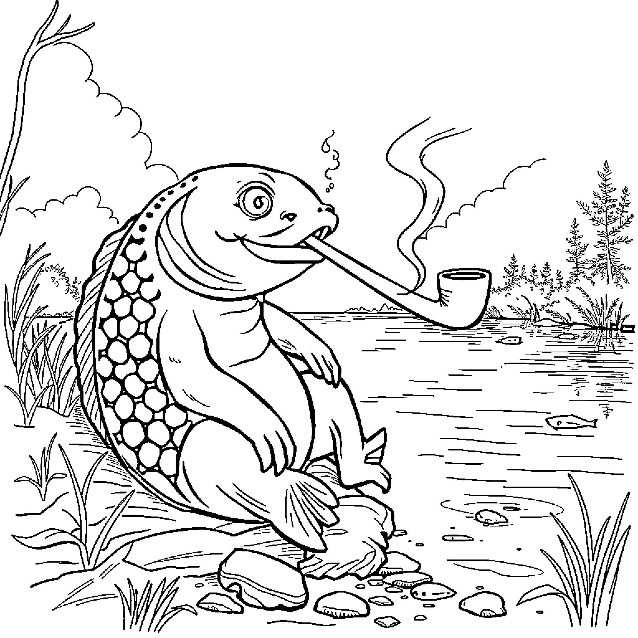 Catfish enjoying a pipe by the pond Coloring Page (free black-and-white line drawing printable PDF for all, from beginners to advanced learners, including children, teens, adults, and seniors)