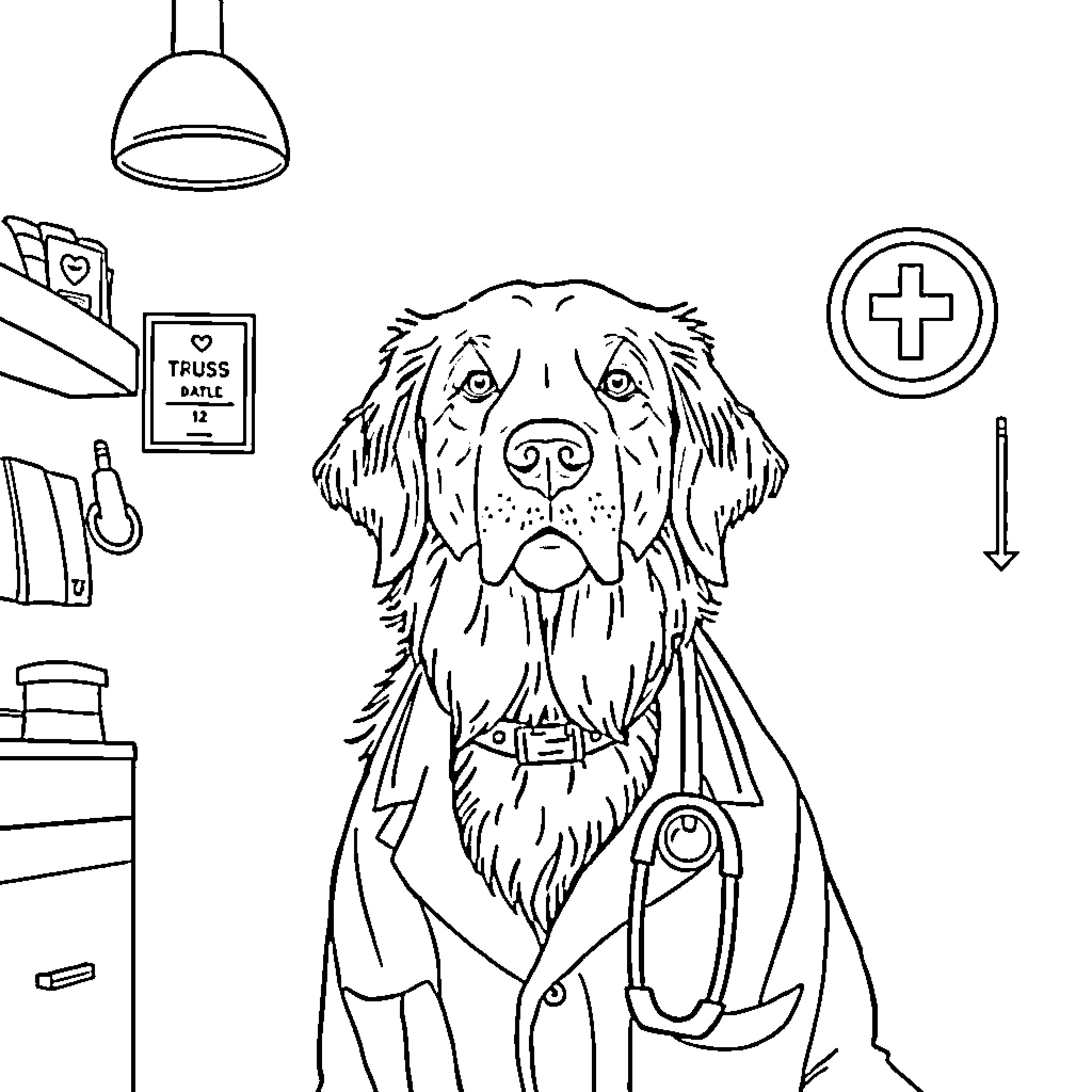 Golden Retriever in Veterinary Office Coloring Page (free black-and-white line drawing printable PDF for all, from beginners to advanced learners, including children, teens, adults, and seniors)
