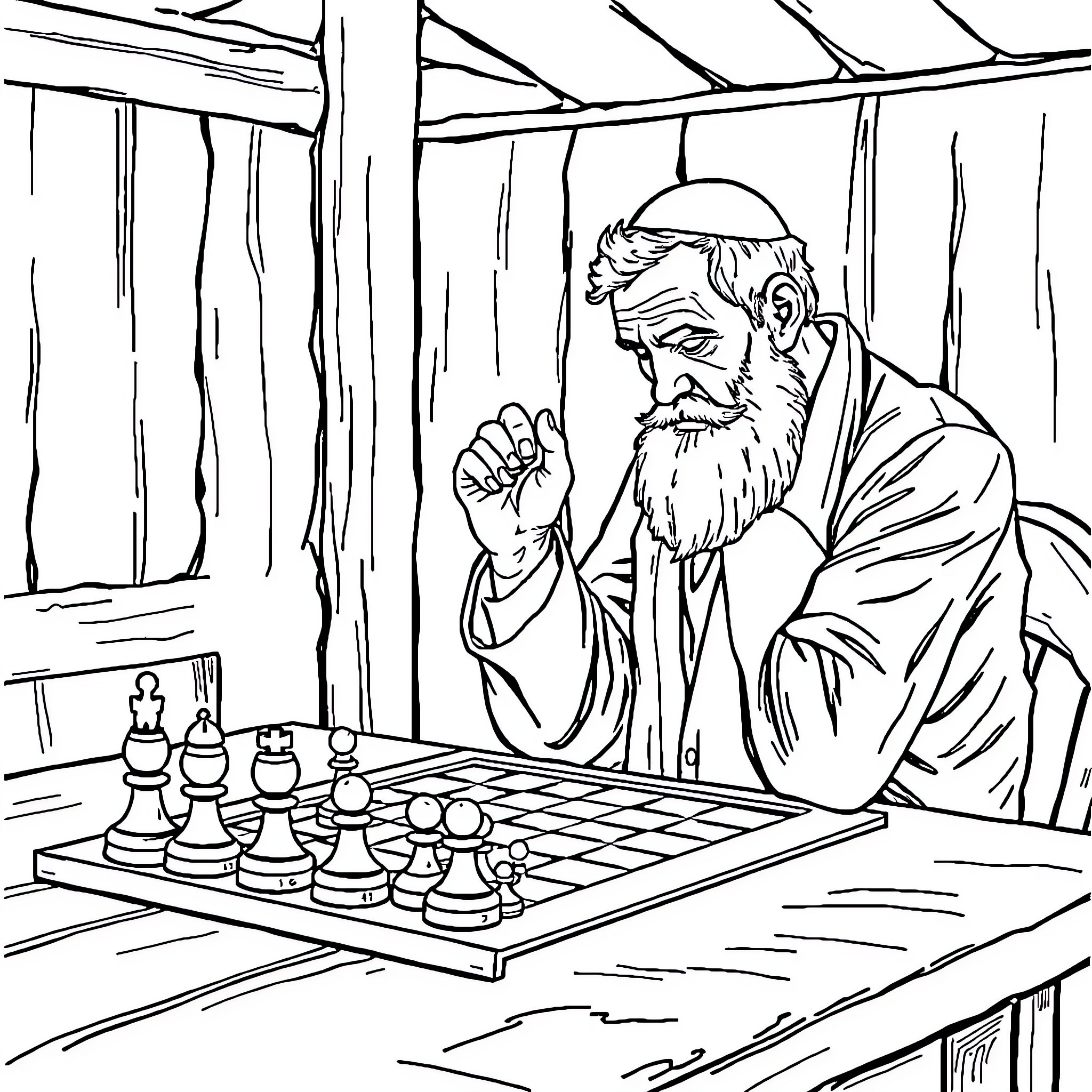 Man thoughtfully playing chess in a rustic cabin Coloring Page (free black-and-white line drawing printable PDF for all, from beginners to advanced learners, including children, teens, adults, and seniors)
