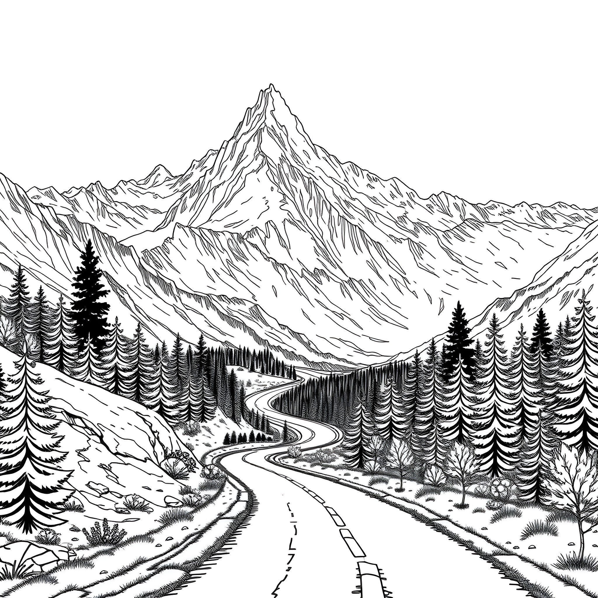 Road winding through snowy mountain landscape Coloring Page (free black-and-white line drawing printable PDF for all, from beginners to advanced learners, including children, teens, adults, and seniors)