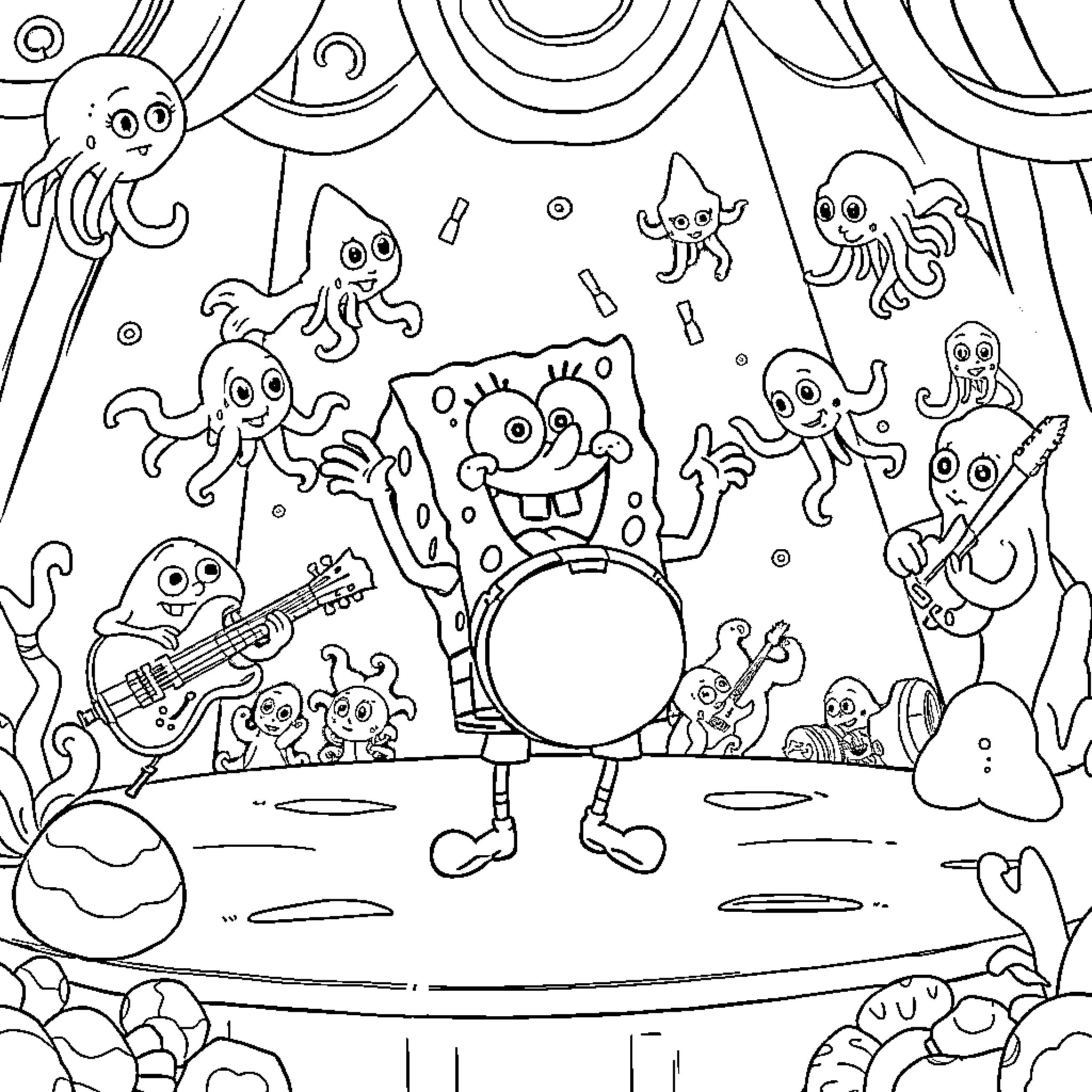 Spongebob and his ocean friends in a musical performance Coloring Page (free black-and-white line drawing printable PDF for all, from beginners to advanced learners, including children, teens, adults, and seniors)